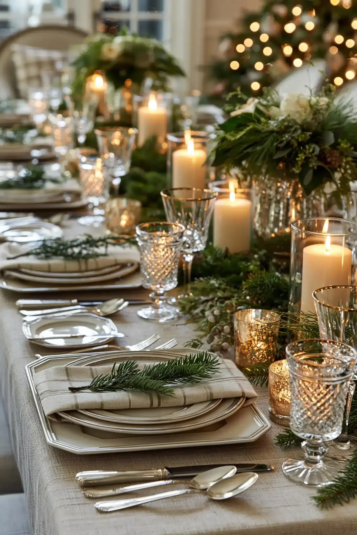 An elegant holiday gathering table with layered linens, greenery, and candles