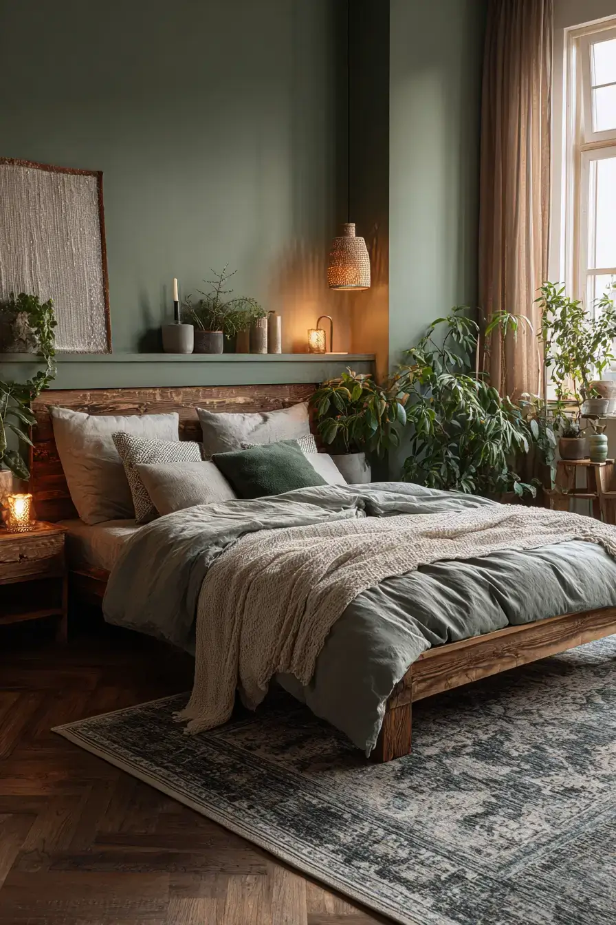 A botanical green boho bedroom with natural materials and layered decor