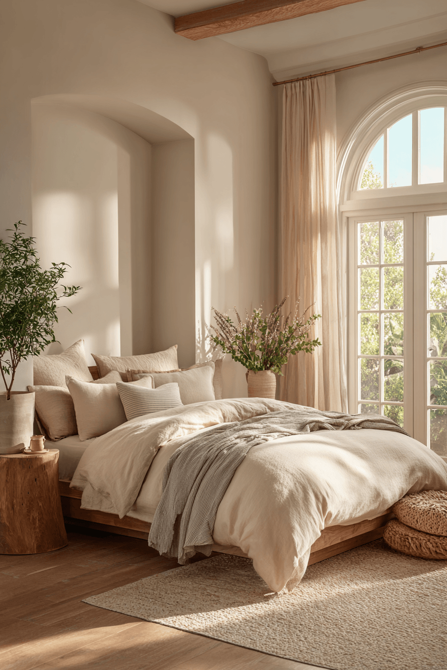 breathable beige bedroom with light oat-toned layers
