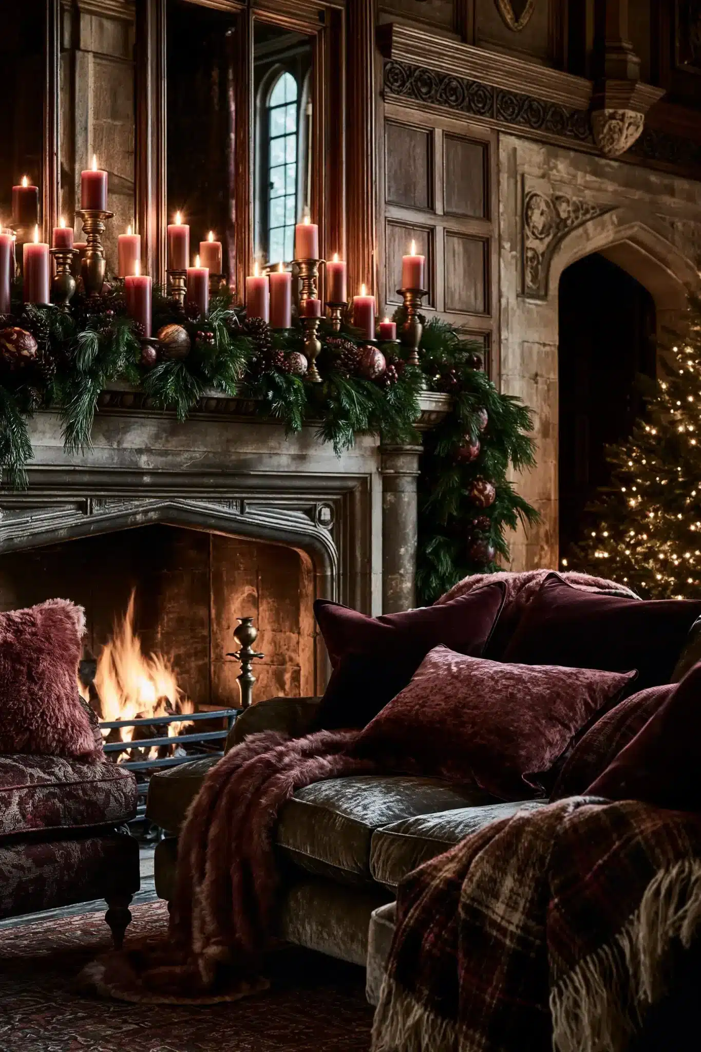An old-world moody Christmas room with candlelight, brass candlesticks, dark greenery, and rich textiles.