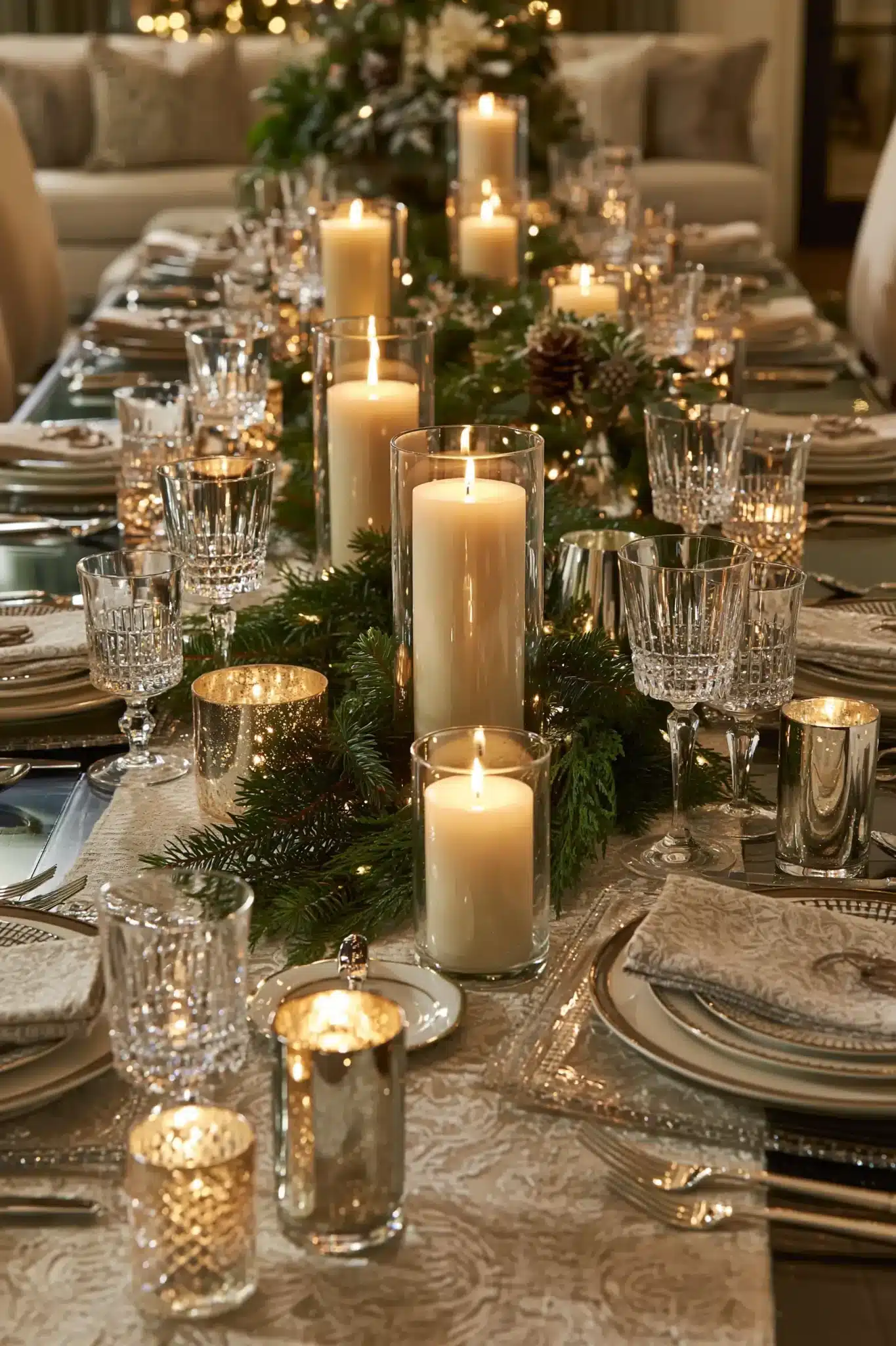A warm Christmas dining table lit by candles and framed with greenery