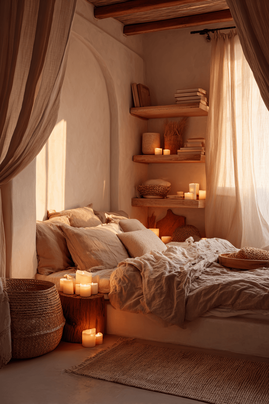A peaceful bedroom corner lit by candles, with linen bedding and natural wood details.