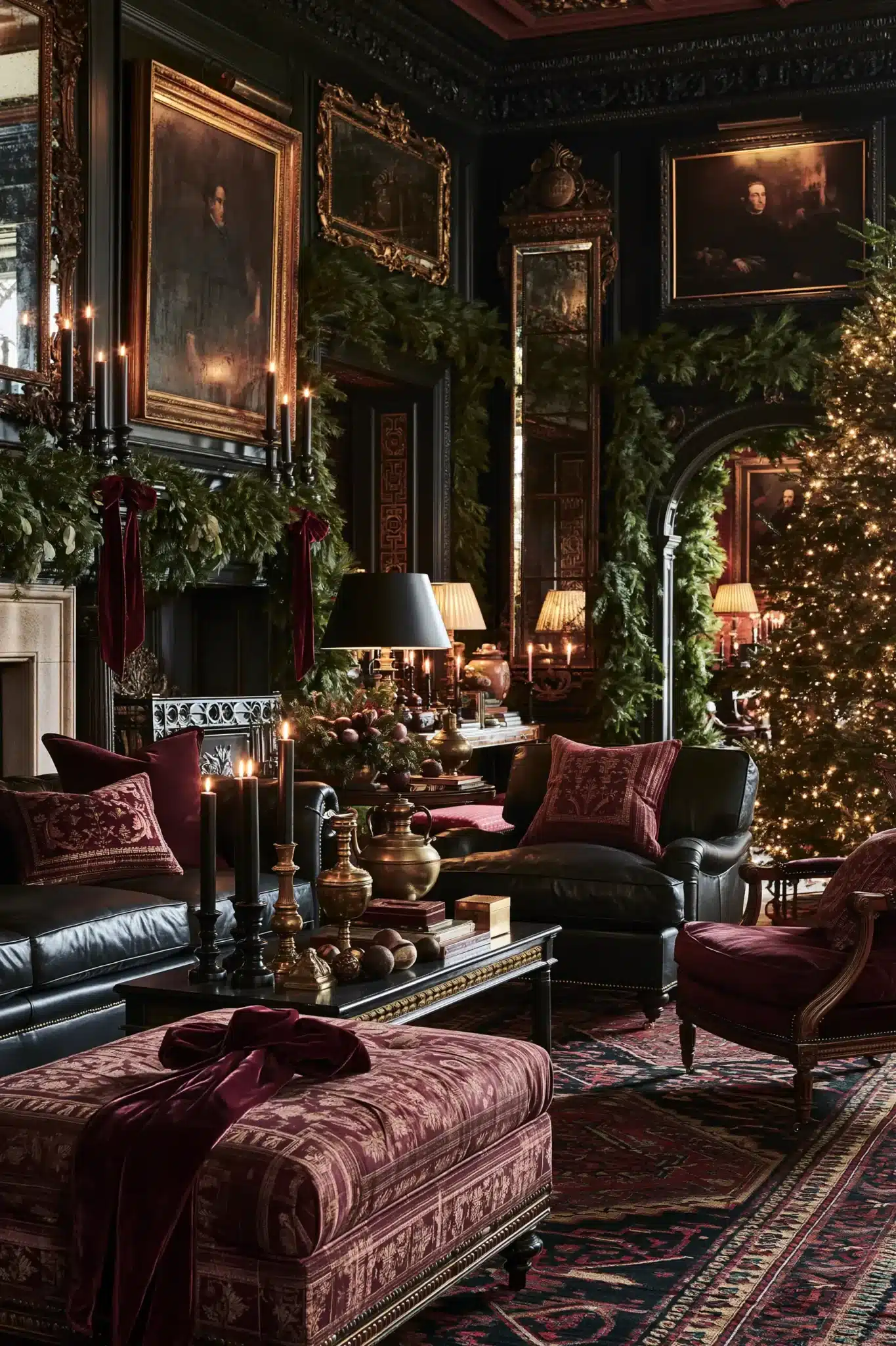 A mysterious moody Christmas manor room with dark wood, portraits, mirrors, and evergreen garlands.