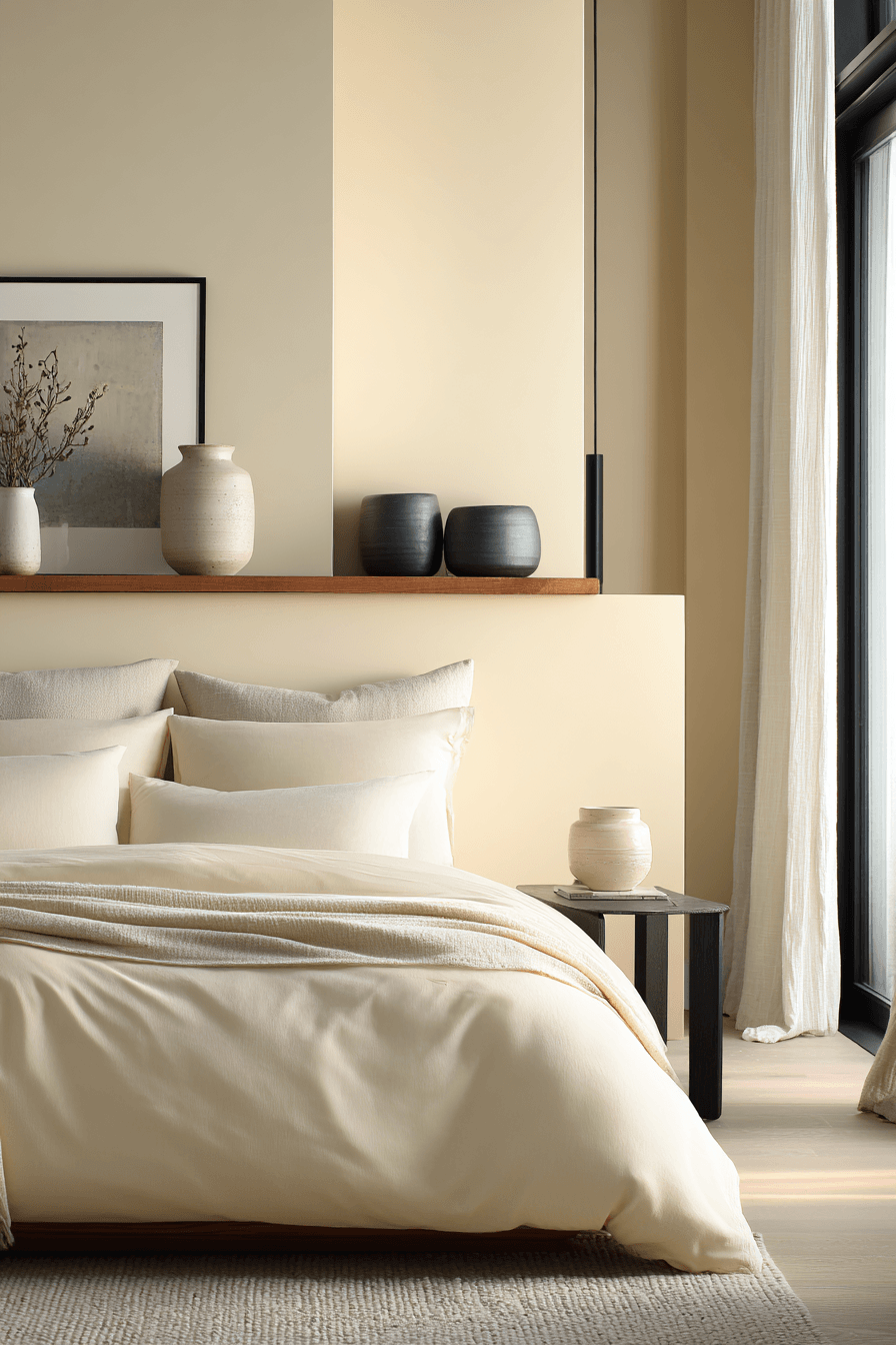 Warm beige urban bedroom with clean lines, black accents, and a calm modern vibe