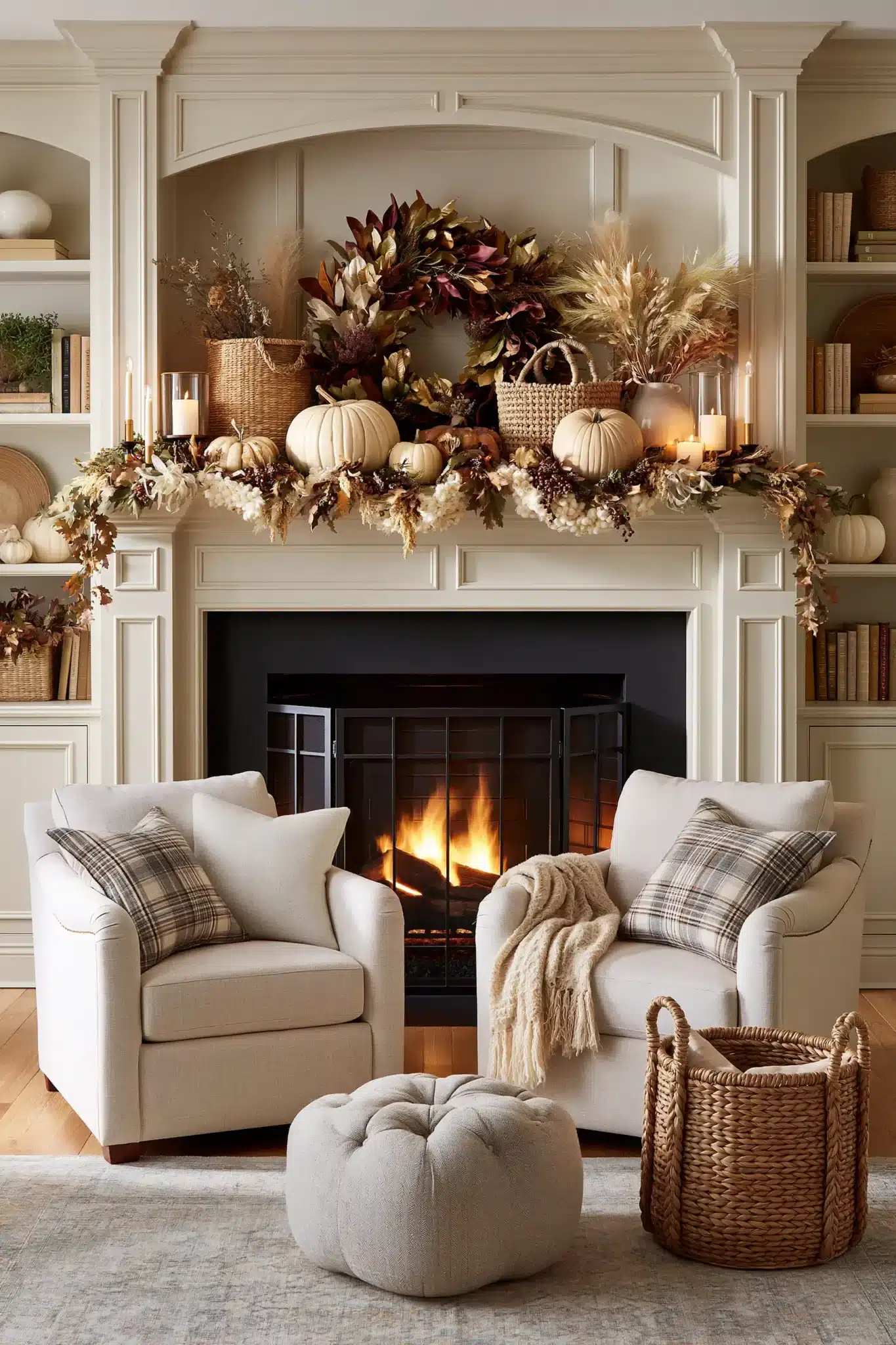 Classic Thanksgiving mantel with pumpkins, foliage, candles, and woven textures.