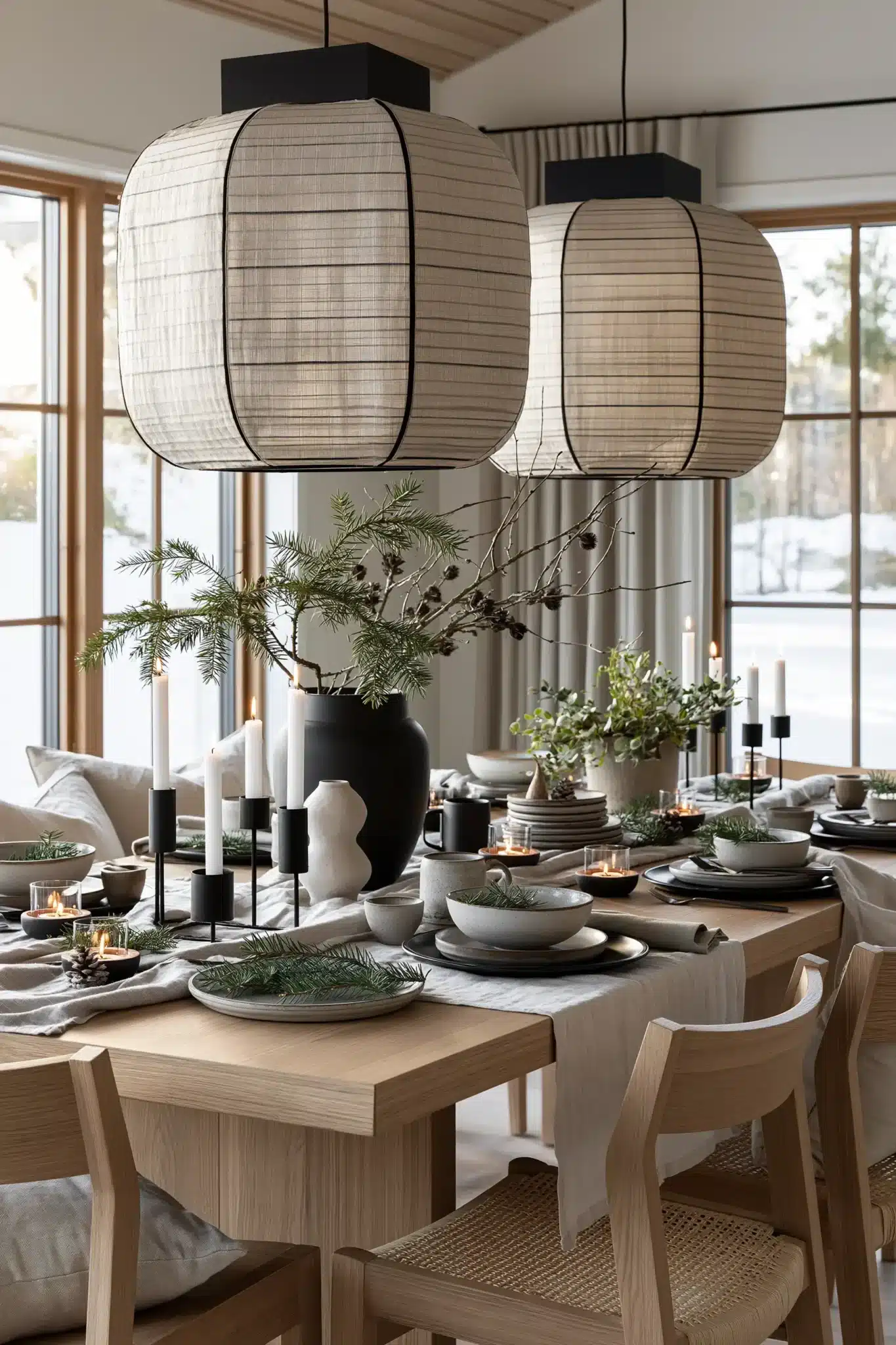 A Scandinavian Christmas table with simple lines, wood details, and a neutral palette