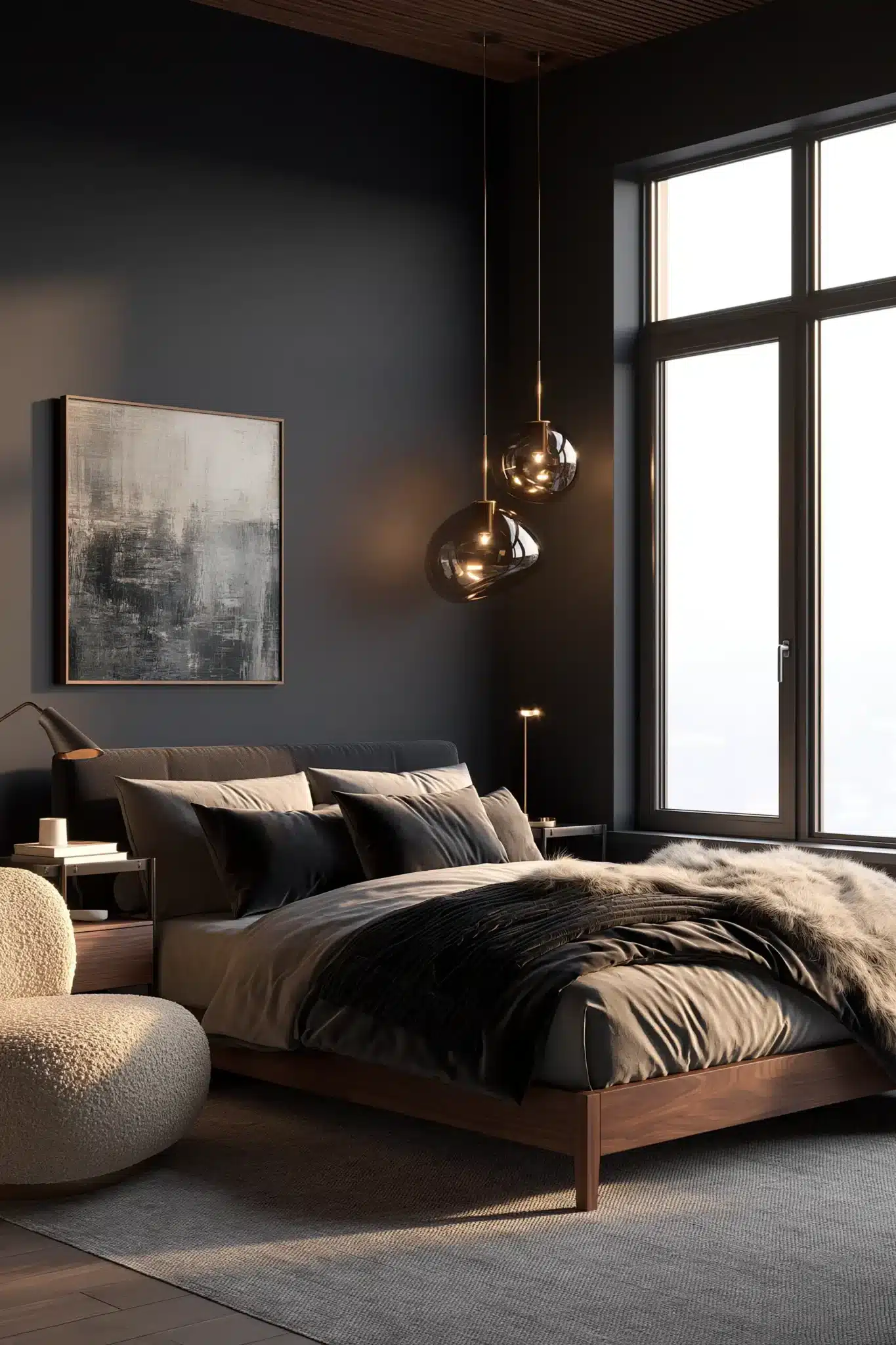 A modern gothic bedroom with black walls, walnut furniture, and subtle gold accents