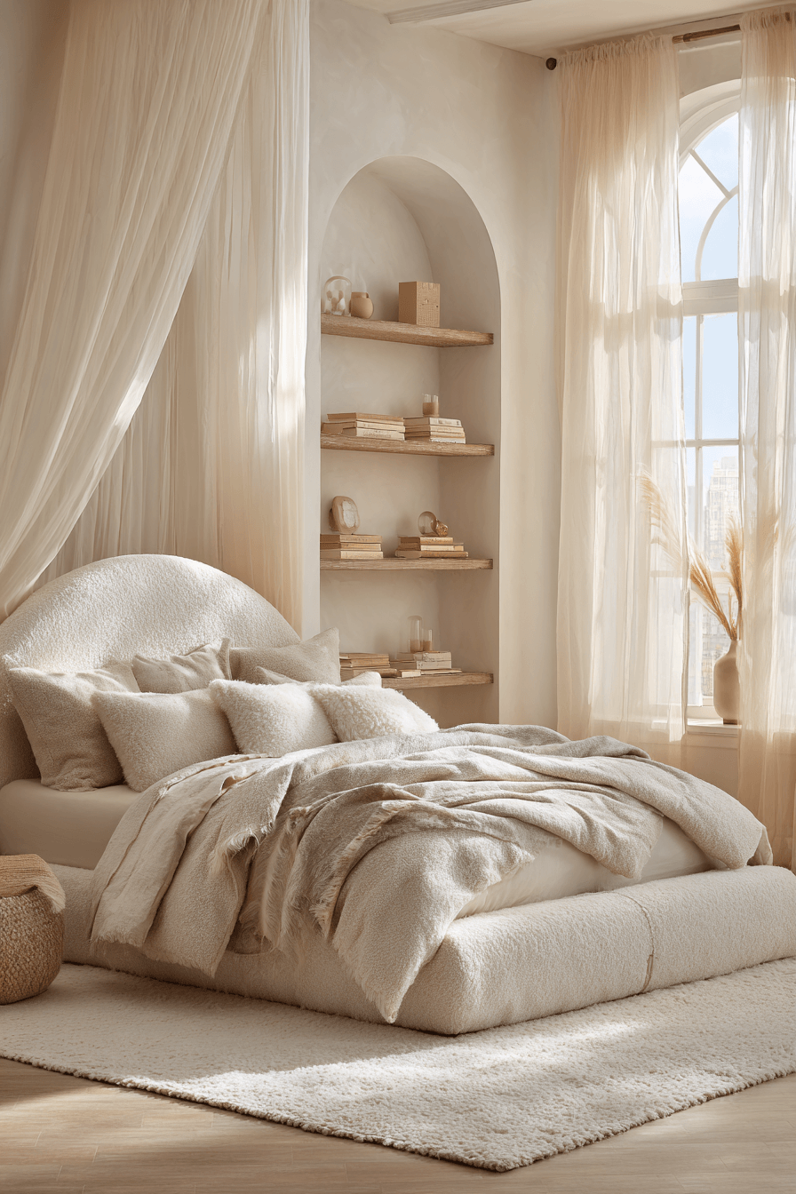 Warm beige bedroom with a curved bed, plush bedding, and airy neutral styling