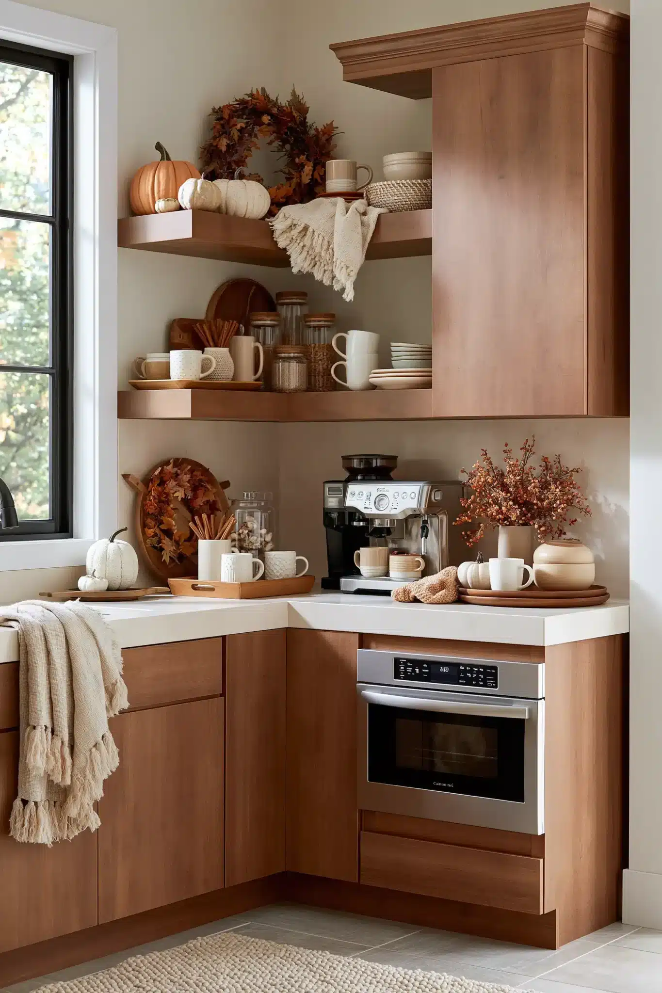 A Thanksgiving coffee bar styled with mugs, pumpkins, cinnamon sticks, and cozy decor.