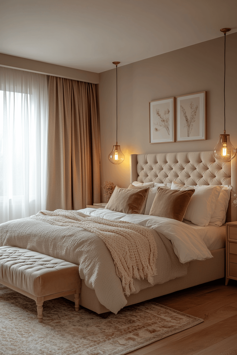 Warm beige bedroom with plush textures, gold accents, and cozy luxury styling
