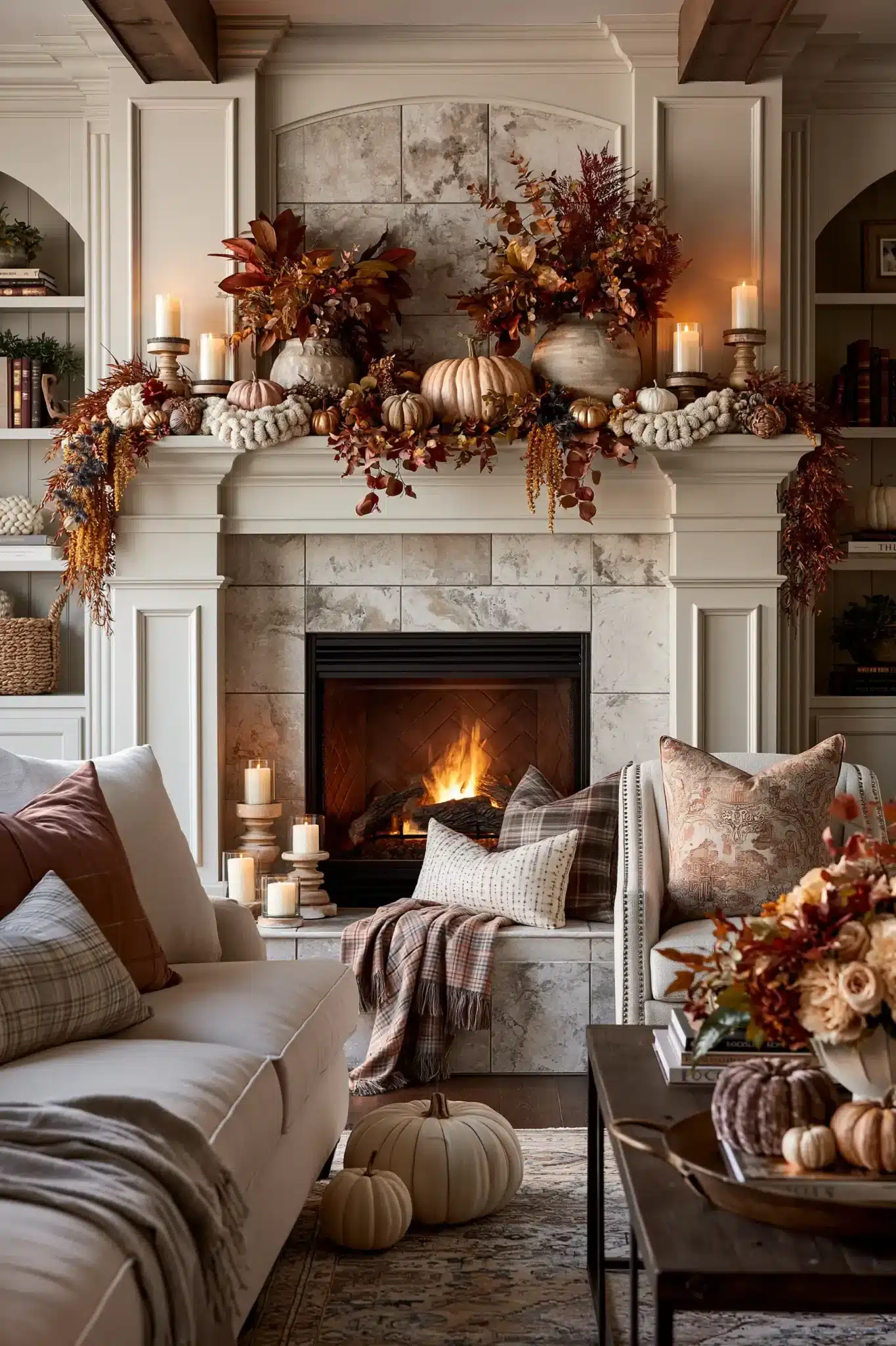 Thanksgiving fireplace styling with foliage, pumpkins, candles, and garland.