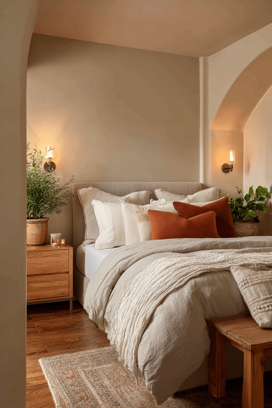 A cozy bedroom nook with warm walls, soft seating, and intimate lighting