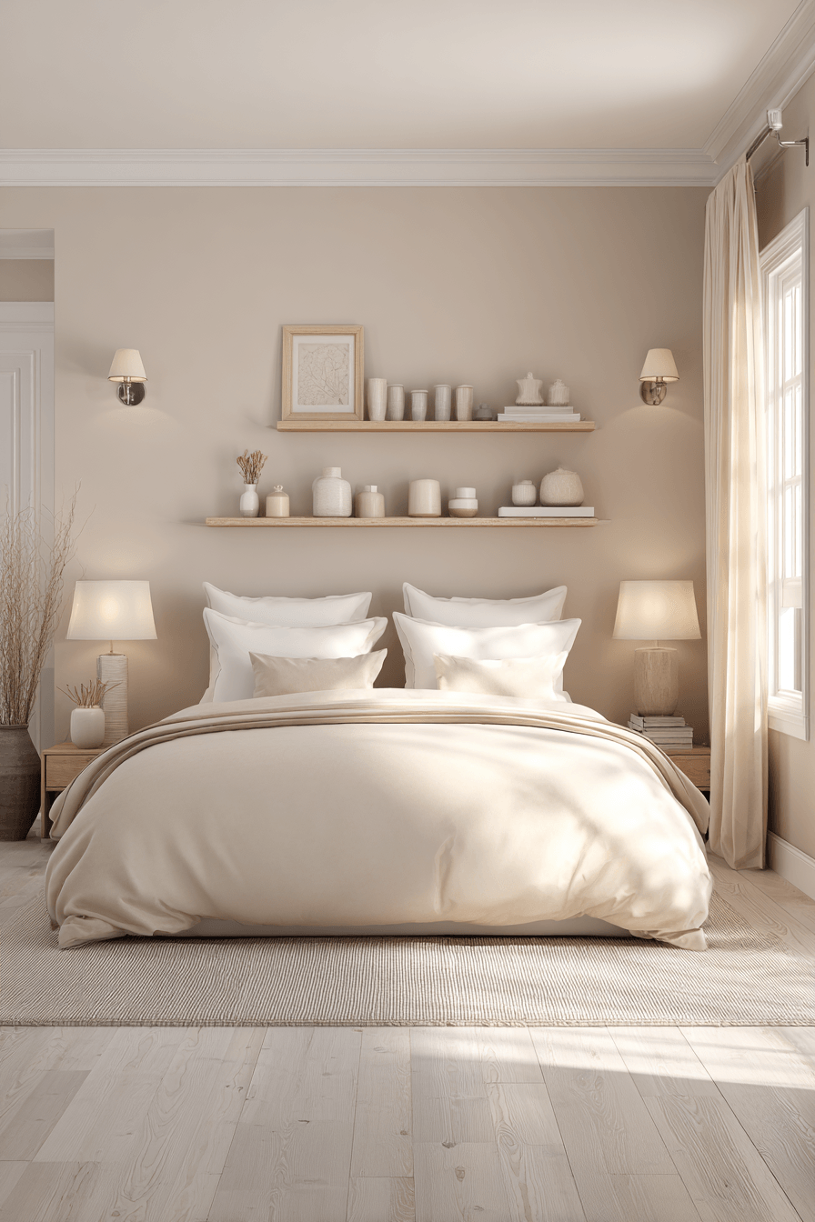 Warm beige bedroom with crisp bedding, simple decor, and a clean relaxed feel