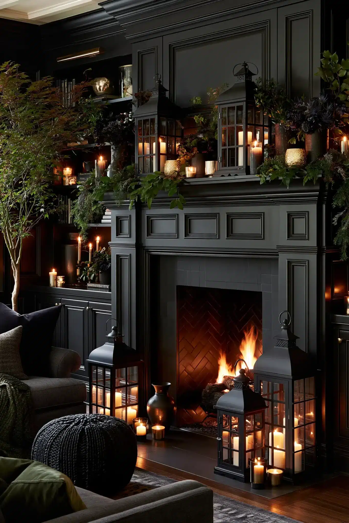 Moody Thanksgiving mantel with dark tones, greenery, lanterns, and candlelight.