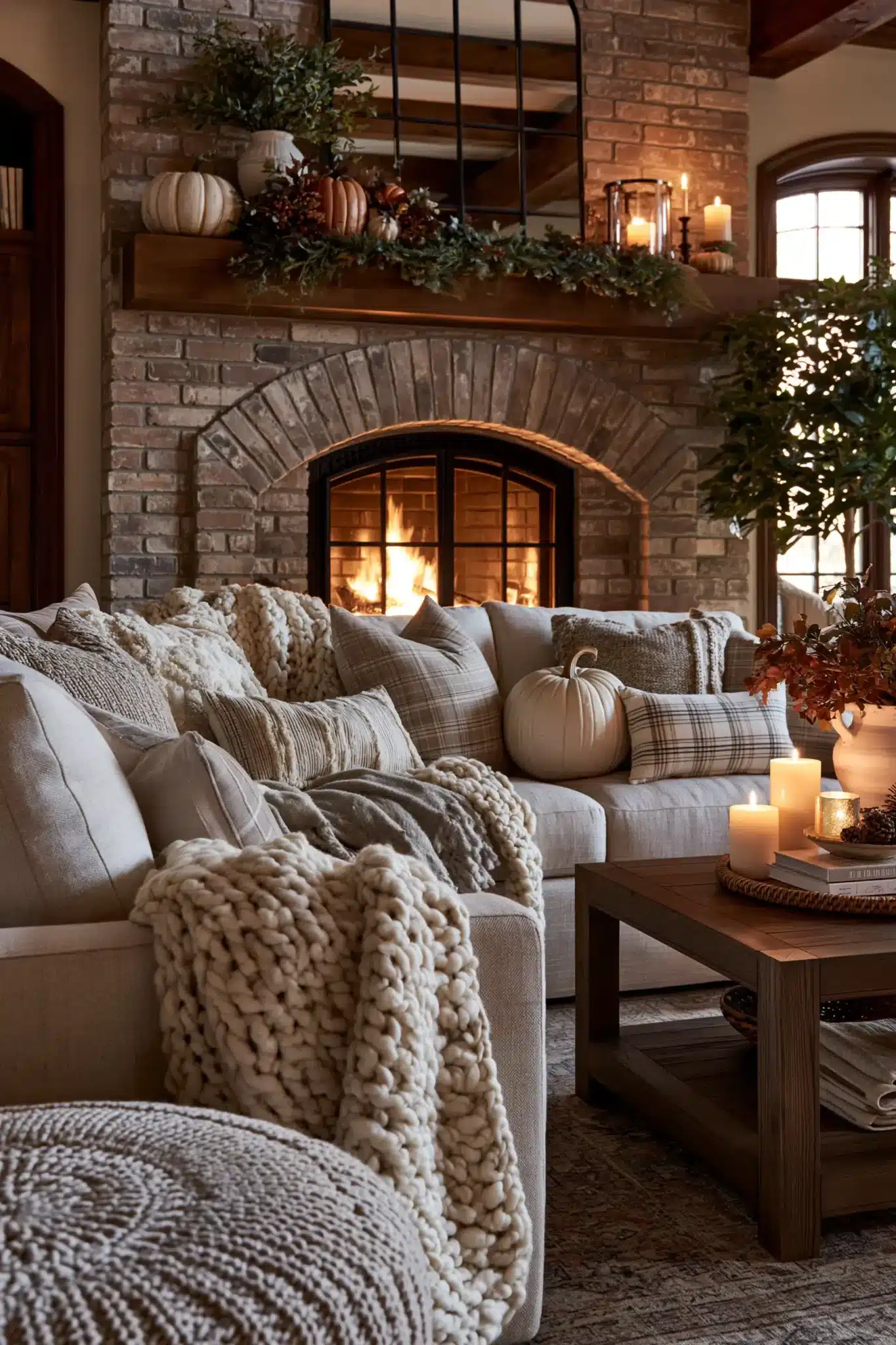 Fireside Thanksgiving comfort with blankets, pillows, candles, greenery, and pumpkins.