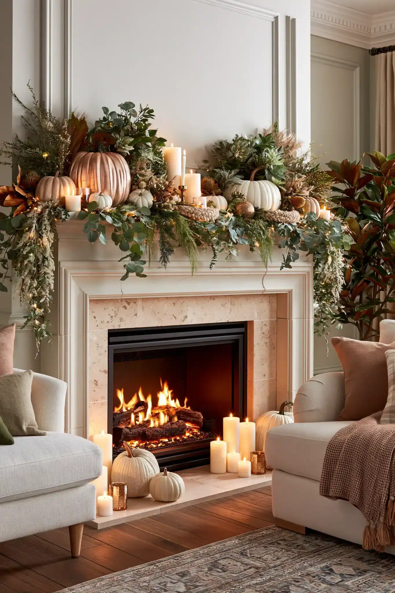 Thanksgiving mantel with a glowing fireplace, pumpkins, candles, and harvest decor.