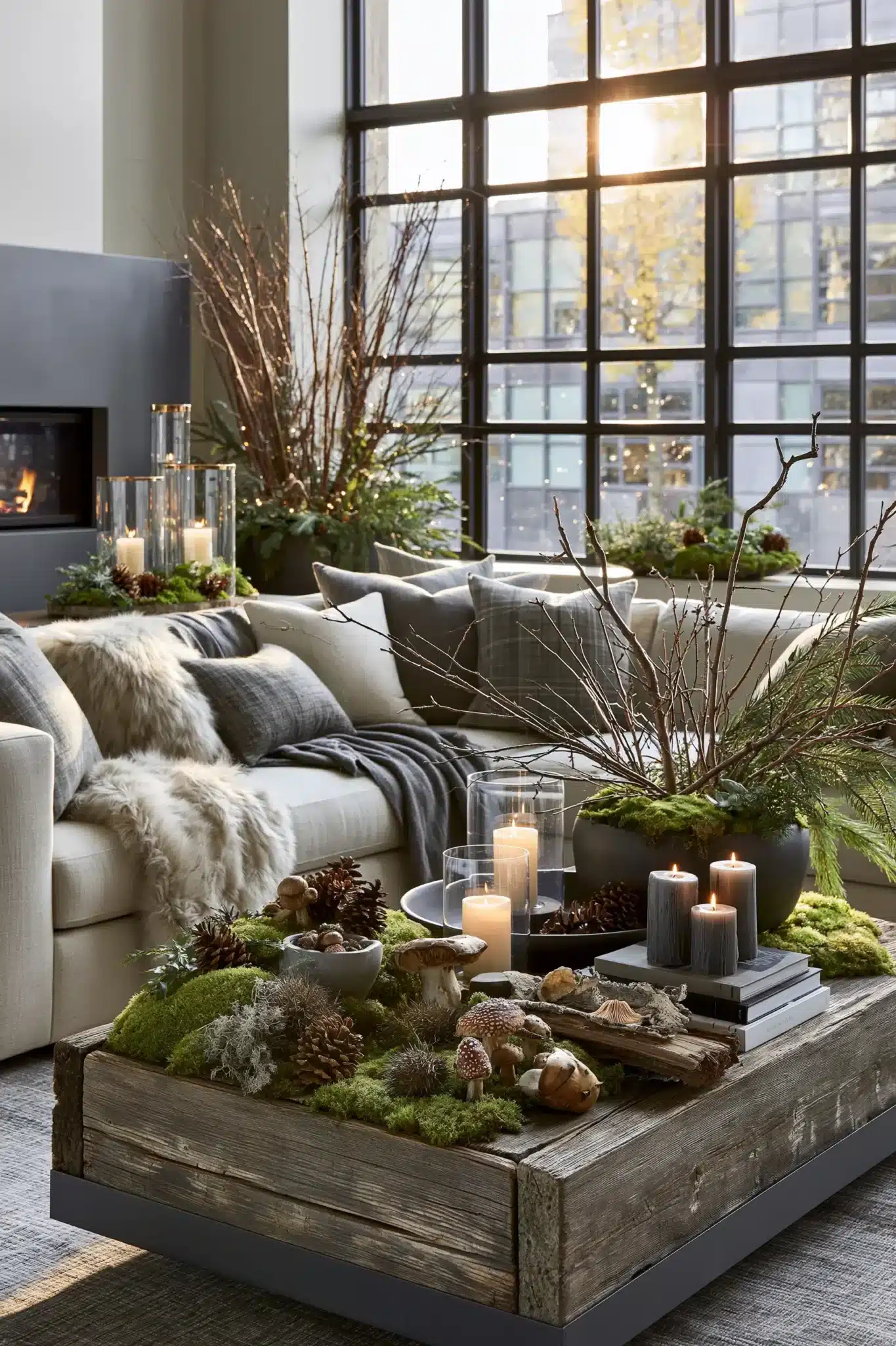 Forest harvest vibes with mossy greens, branches, pinecones, and weathered wood.