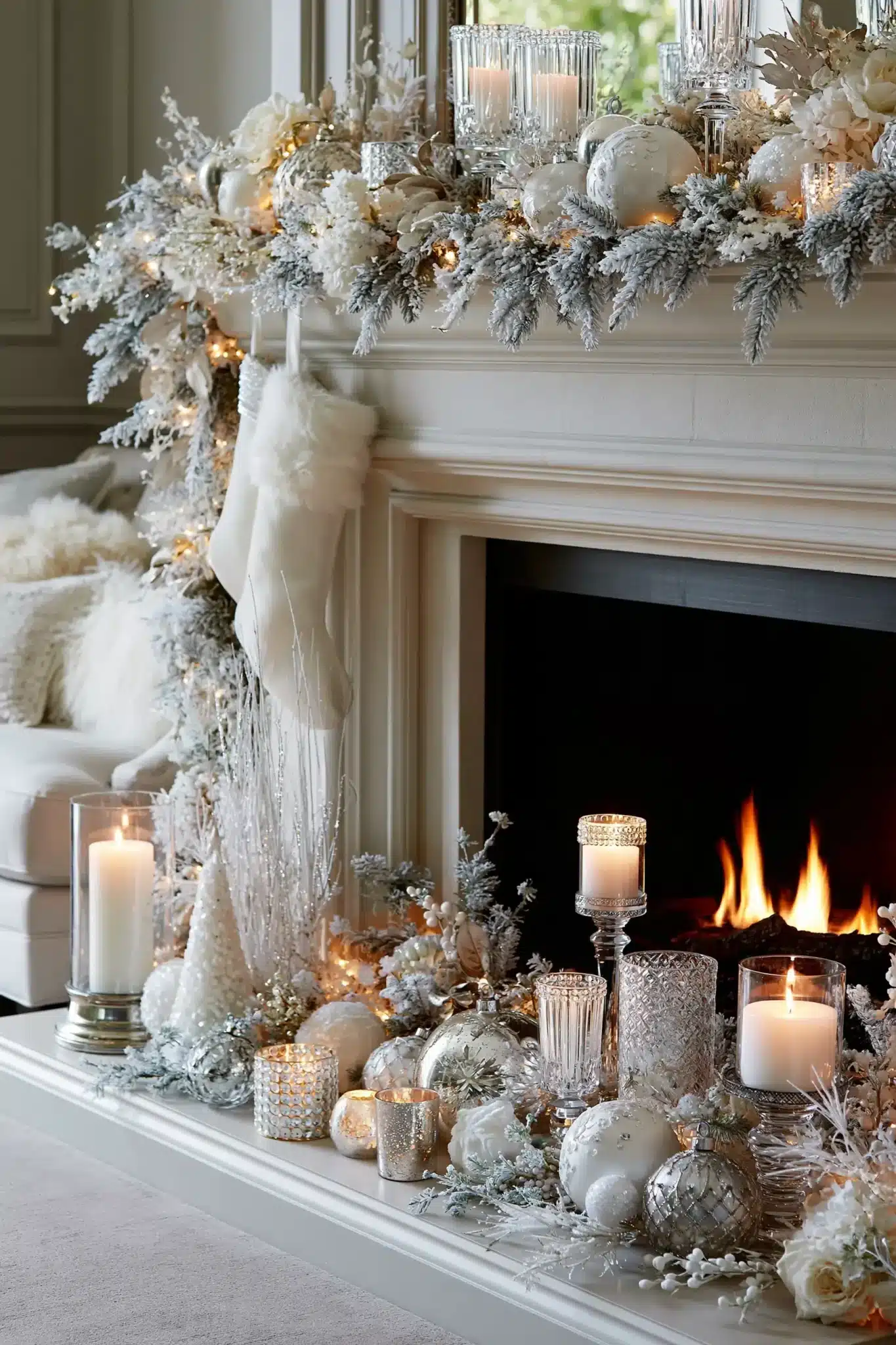 Frosted mantel with candles, mirrors, and white Christmas decor above the fireplace