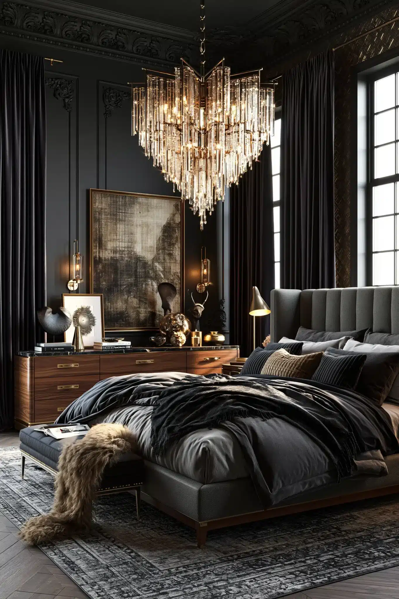 A dramatic gothic bedroom makeover with dark walls, gold hardware, and layered textures