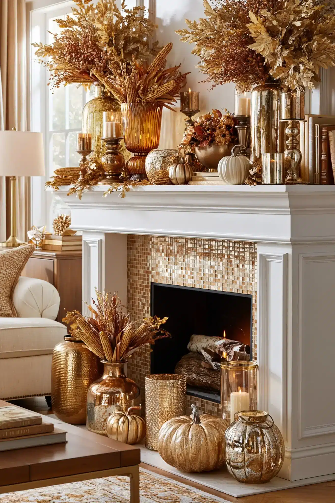 Golden Thanksgiving mantel with amber glass, metallic holders, and harvest foliage.