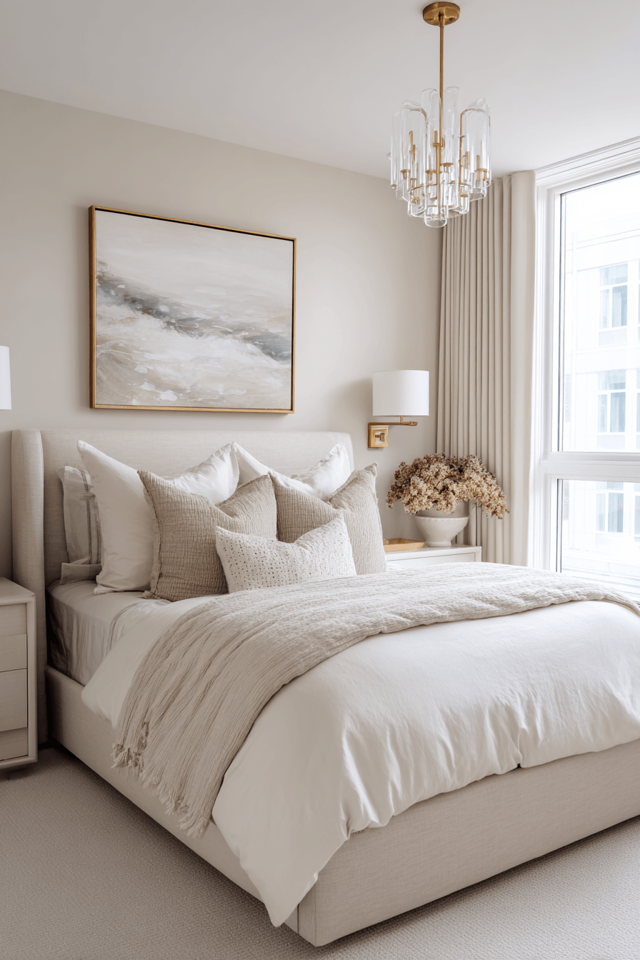 Warm beige bedroom with classic silhouettes, pleated curtains, and elegant calm