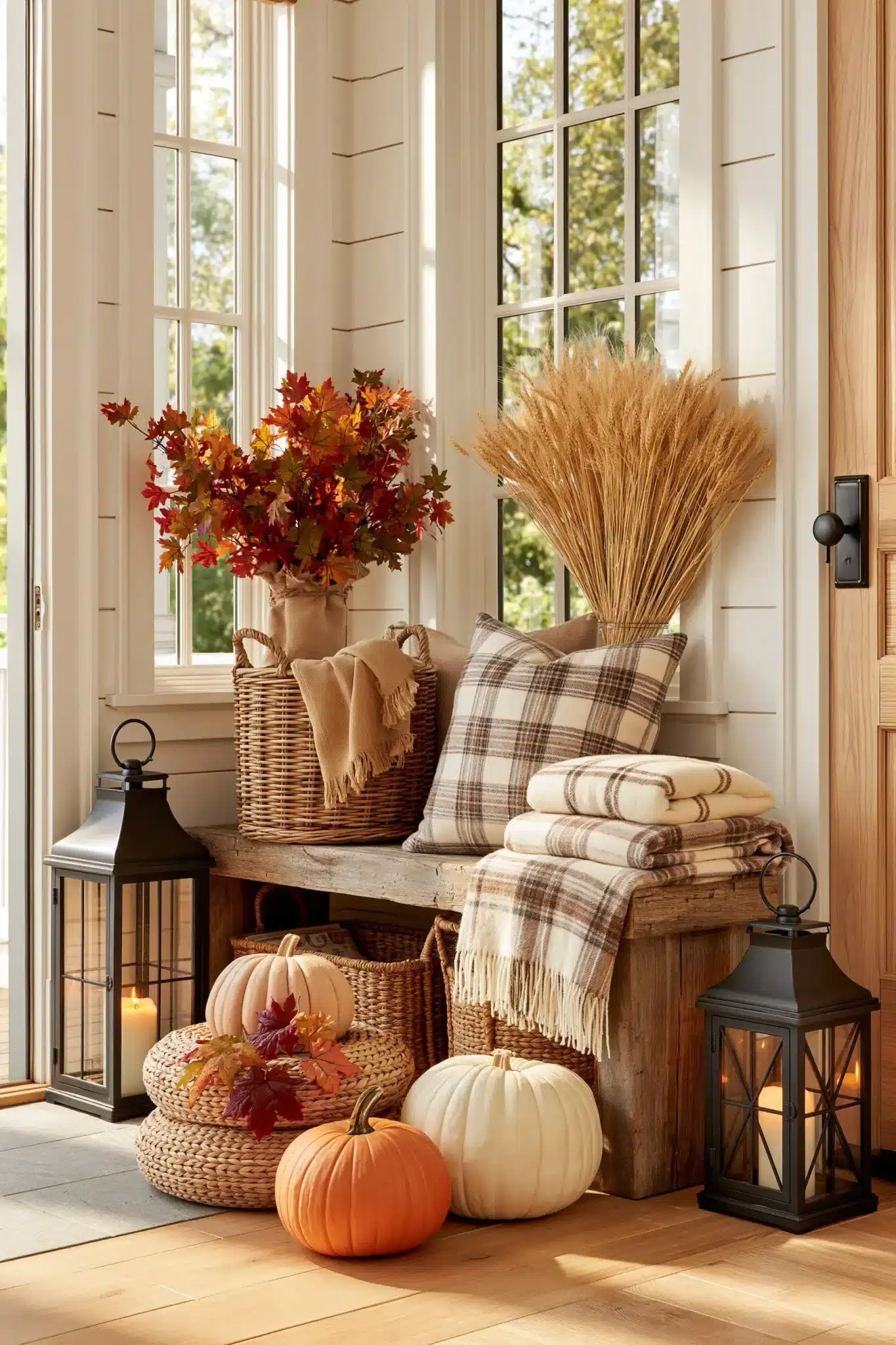A cozy harvest entryway with pumpkins, baskets, lanterns, and warm autumn accents.