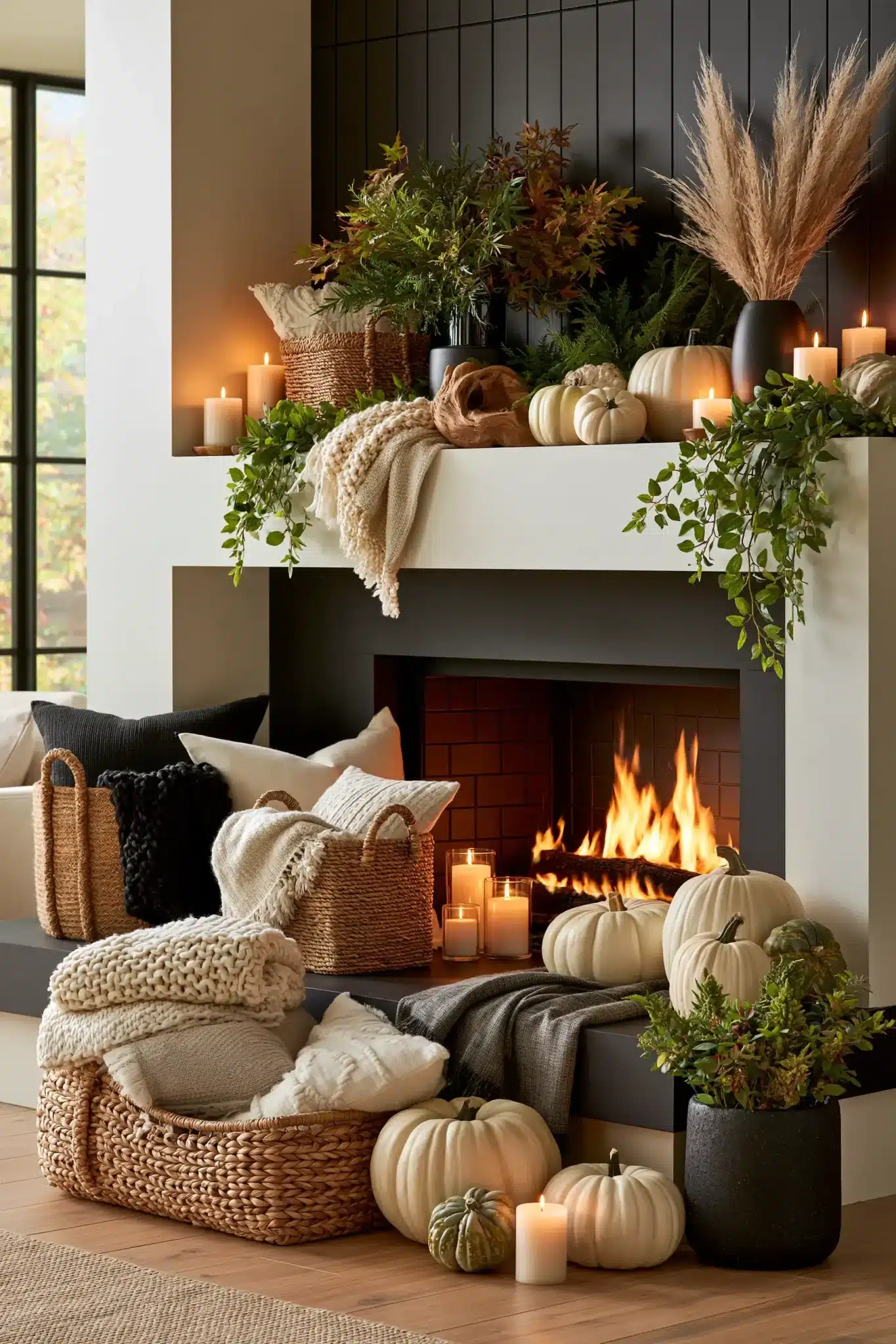 Autumn hearth styling with pumpkins, candles, blankets, and woven accents by the fireplace.