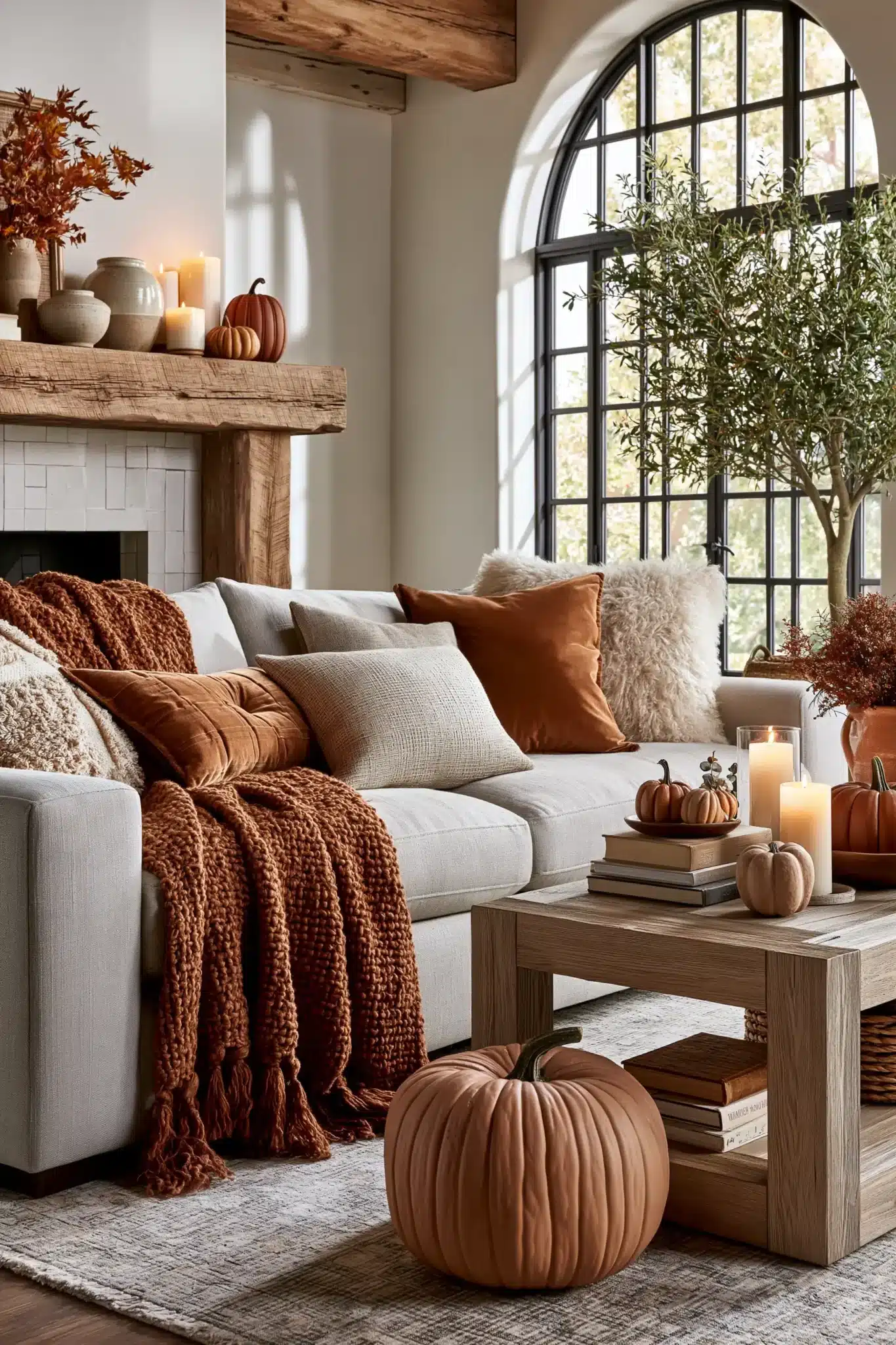 Cinnamon spice decor with warm cinnamon tones, soft textiles, and cozy accents.