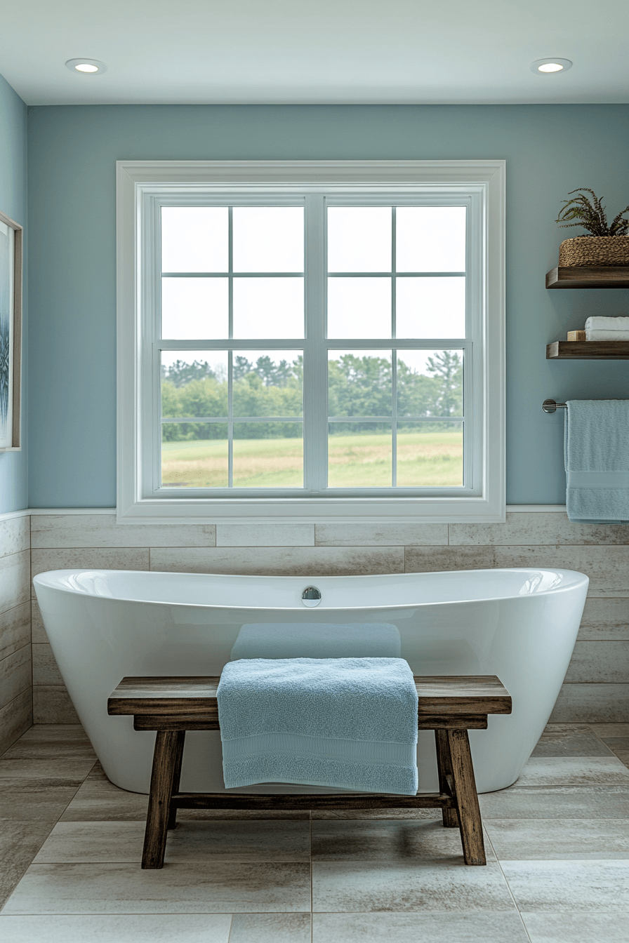 Modern coastal spa bathroom with a soaking tub, soft lighting, and eucalyptus