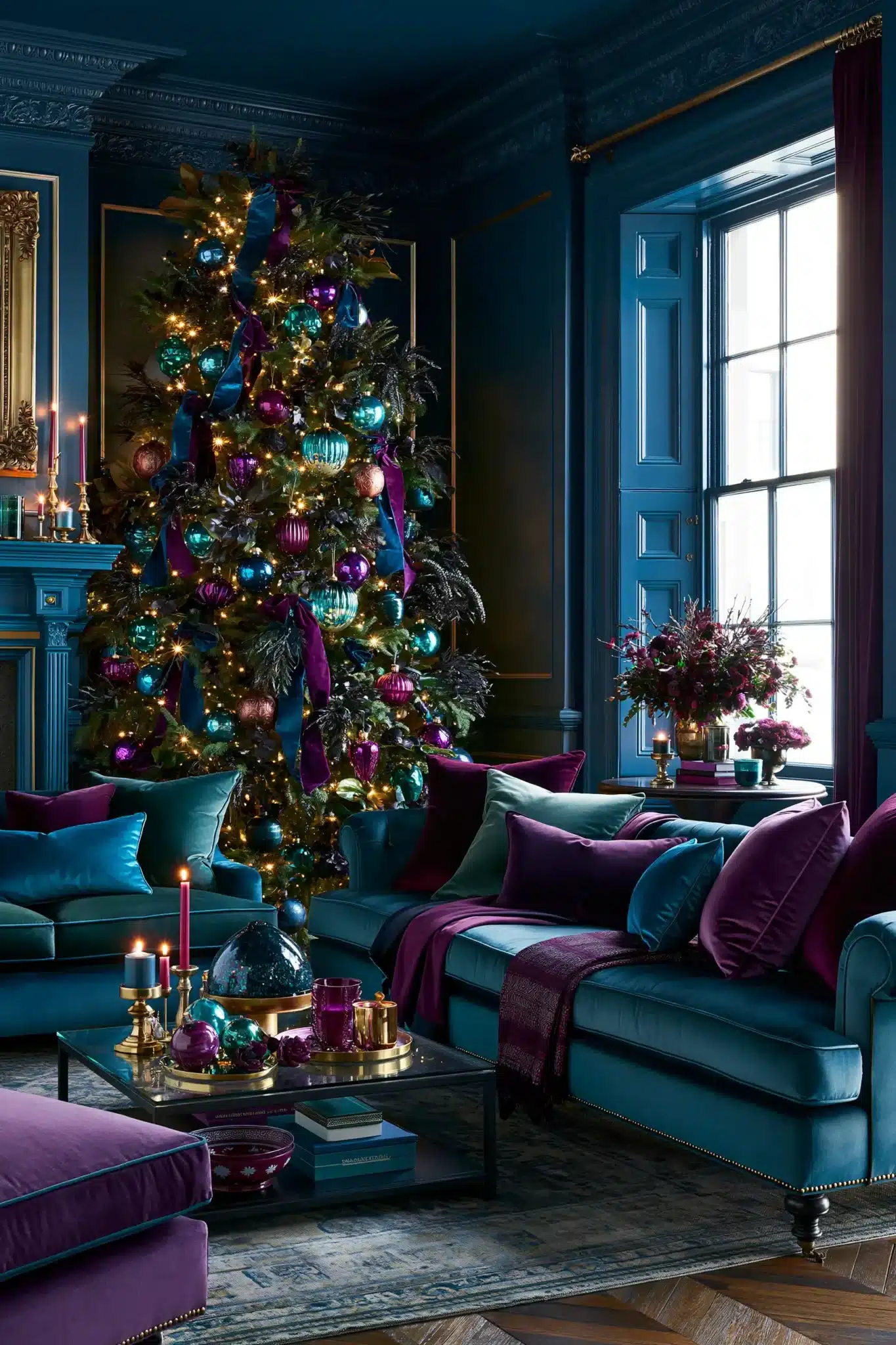 Moody Christmas decor with sapphire, emerald, amethyst, and garnet jewel tones.