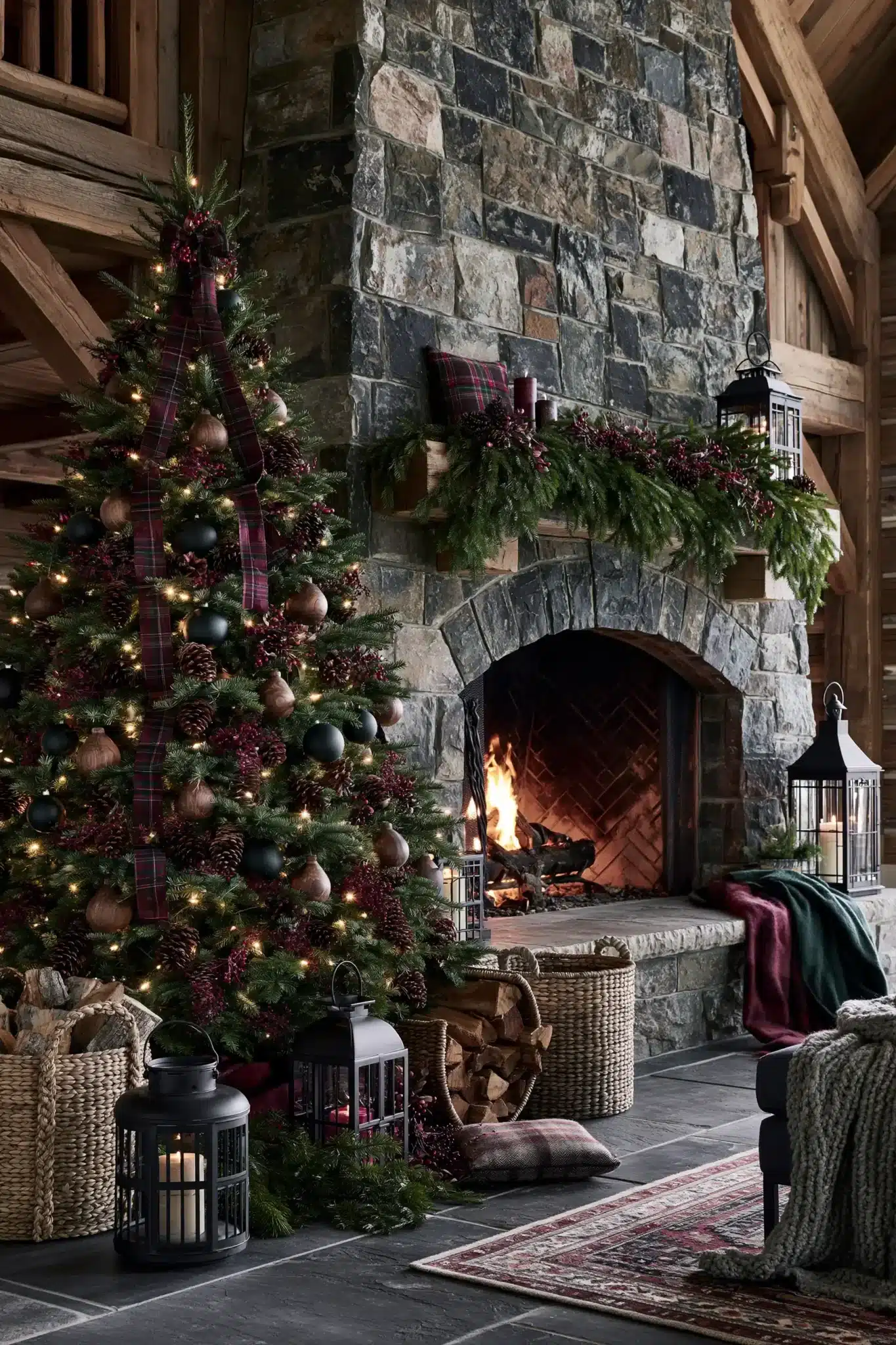 Moody Christmas lodge decor with charcoal textiles, dark plaid, black iron, and warm lighting.