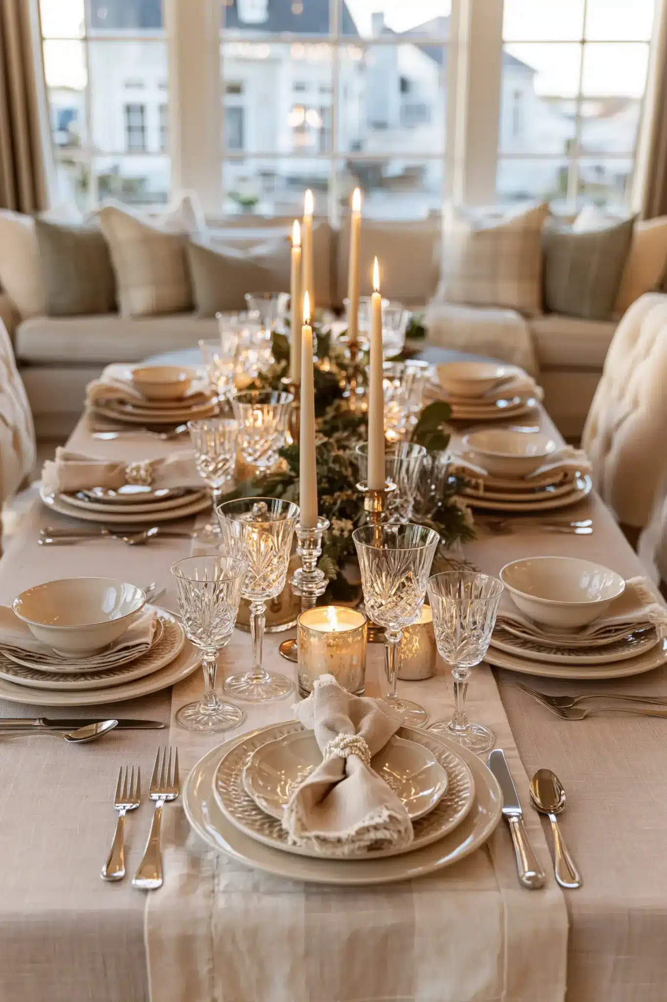 A luxe Christmas hosting table with crystal glassware, candles, and elegant linens