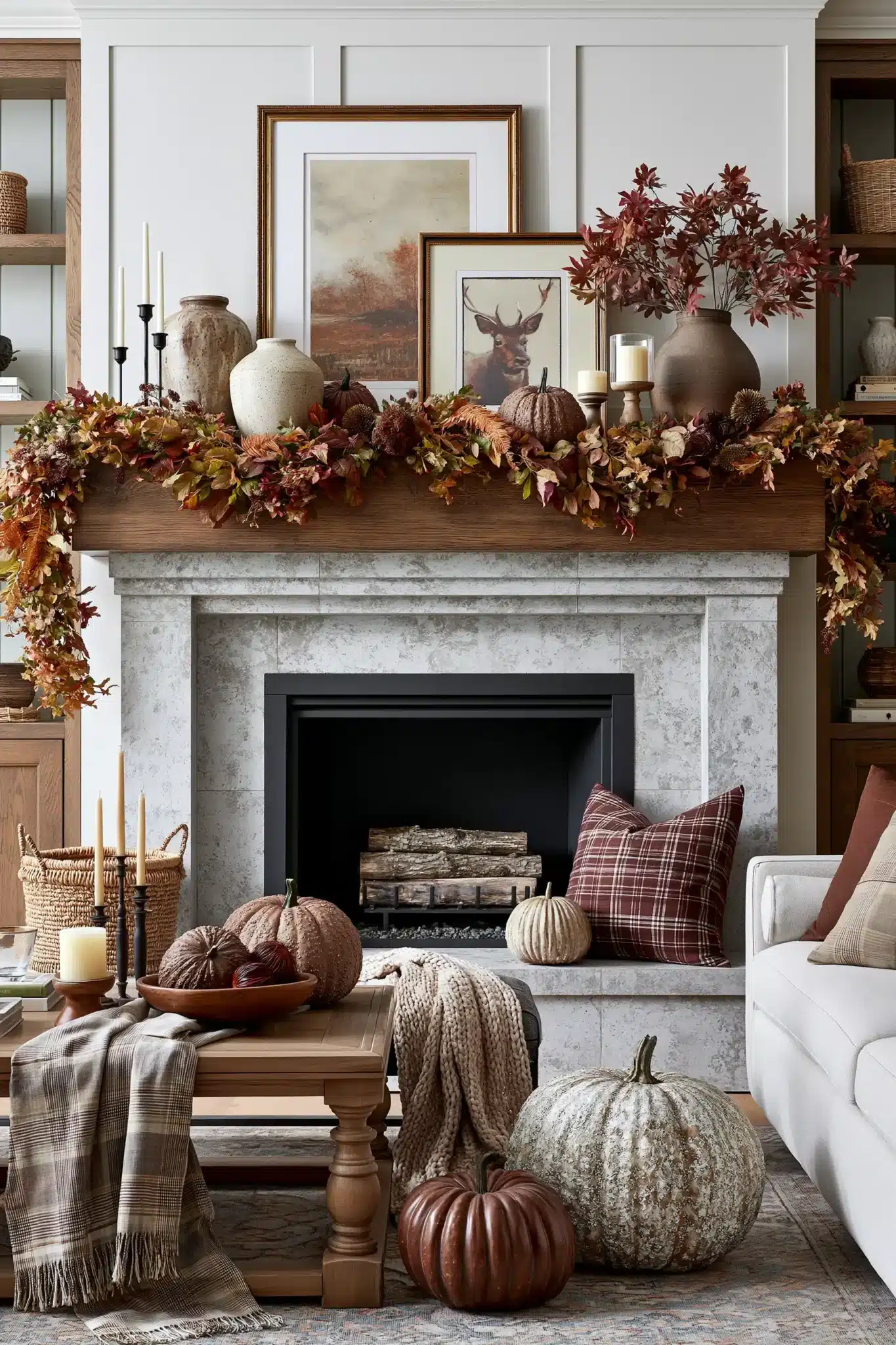 A warm autumn mantel styled with garland, candles, framed art, and textured pumpkins.