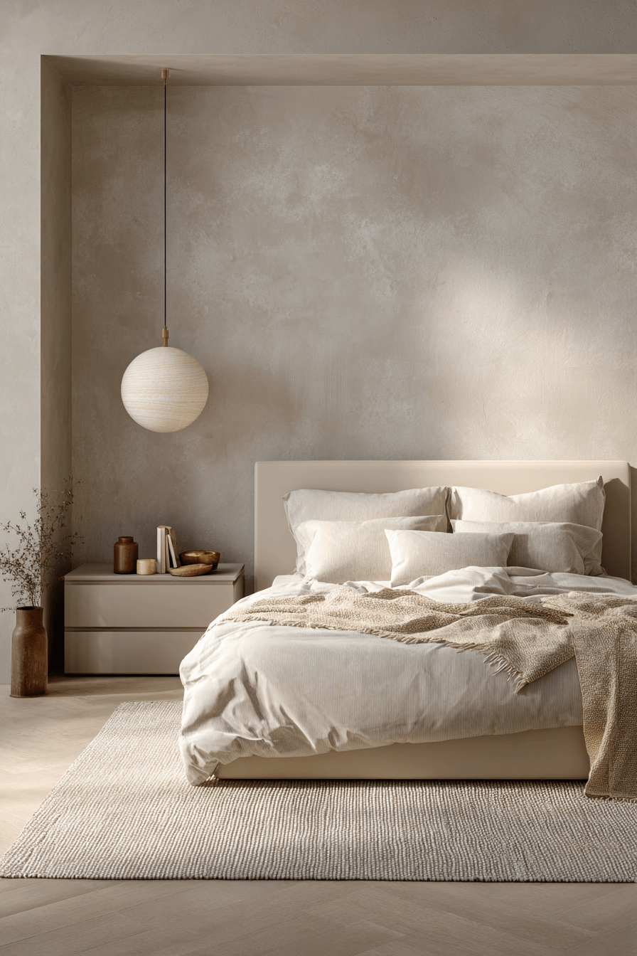 Warm beige bedroom with matte finishes, soft lighting, and modern neutral styling