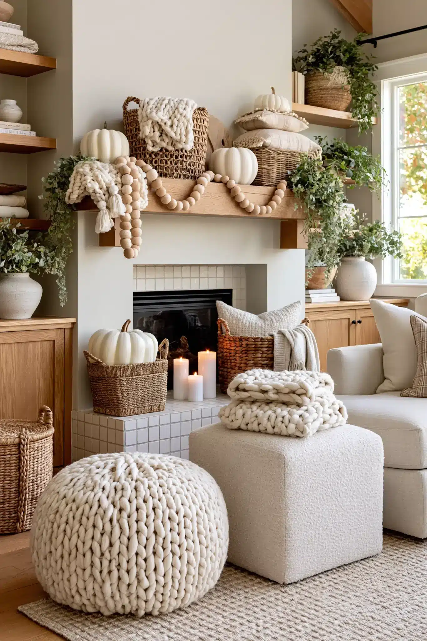 Textured Thanksgiving mantel with baskets, knits, ceramic pumpkins, and greenery.