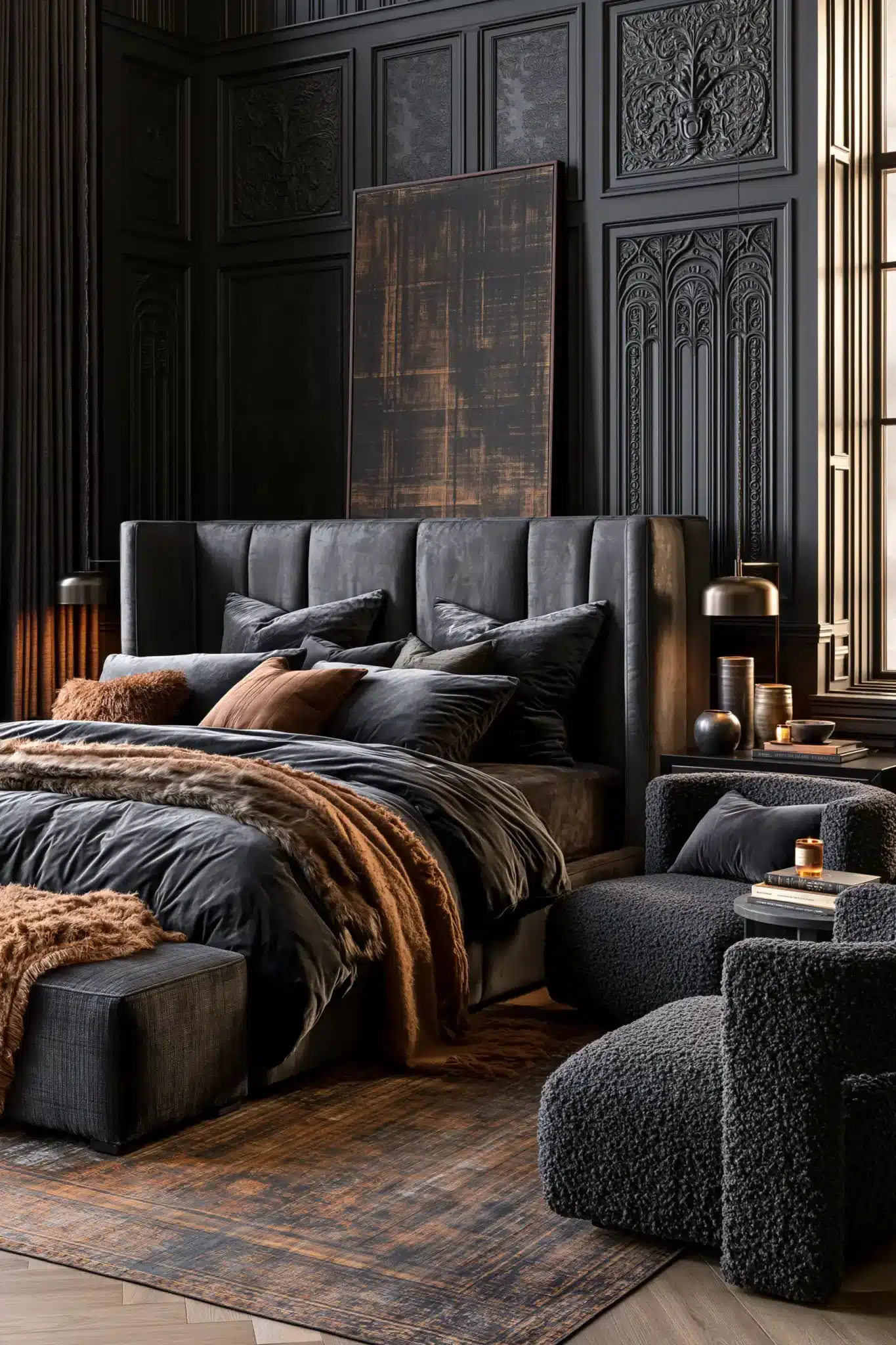 A moody black gothic bedroom with velvet bedding, warm accents, and layered textures