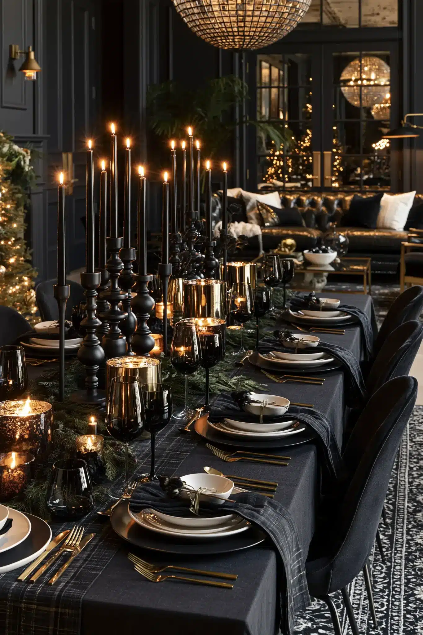 A moody Christmas table with dark linens, candlelight, and rich greenery
