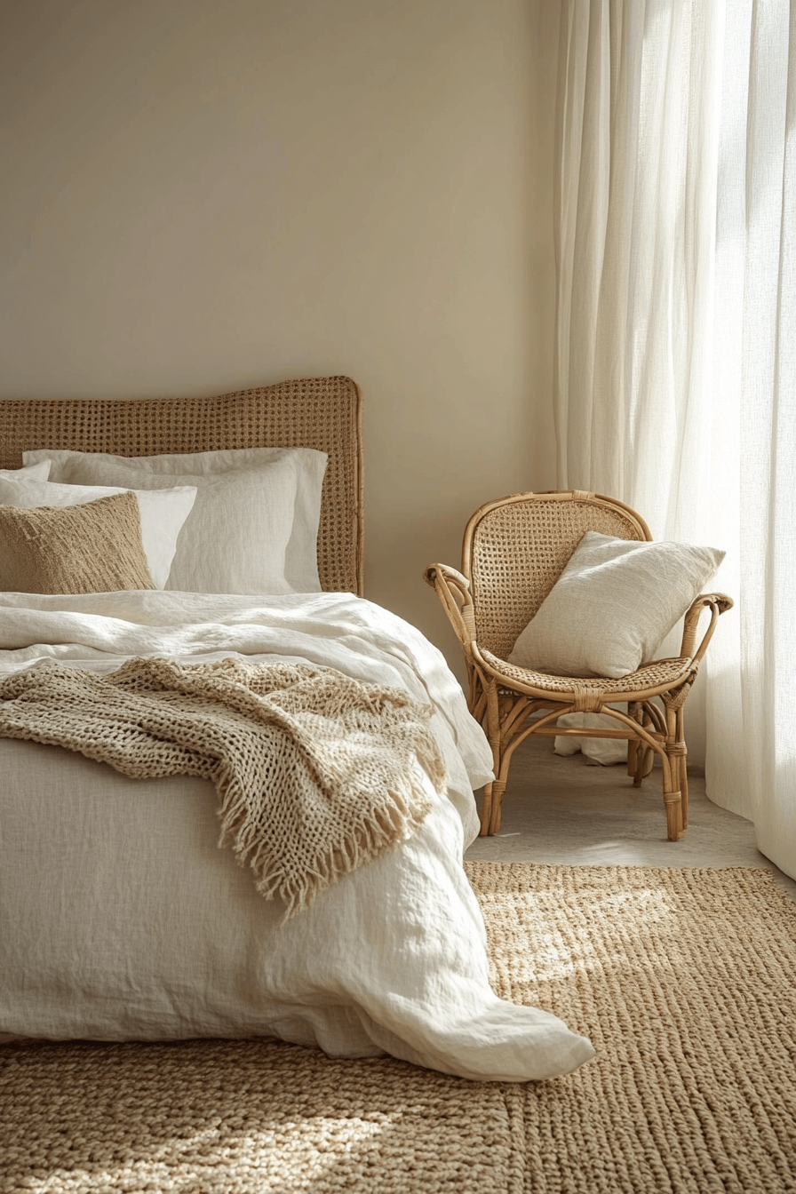 Warm beige bedroom with linen bedding, pale wood details, and woven accents