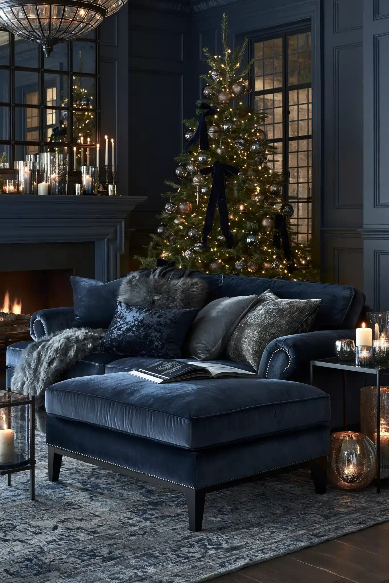 A moody Christmas scene with navy, charcoal, smoky gray, evergreen, and twinkling warm lights.
