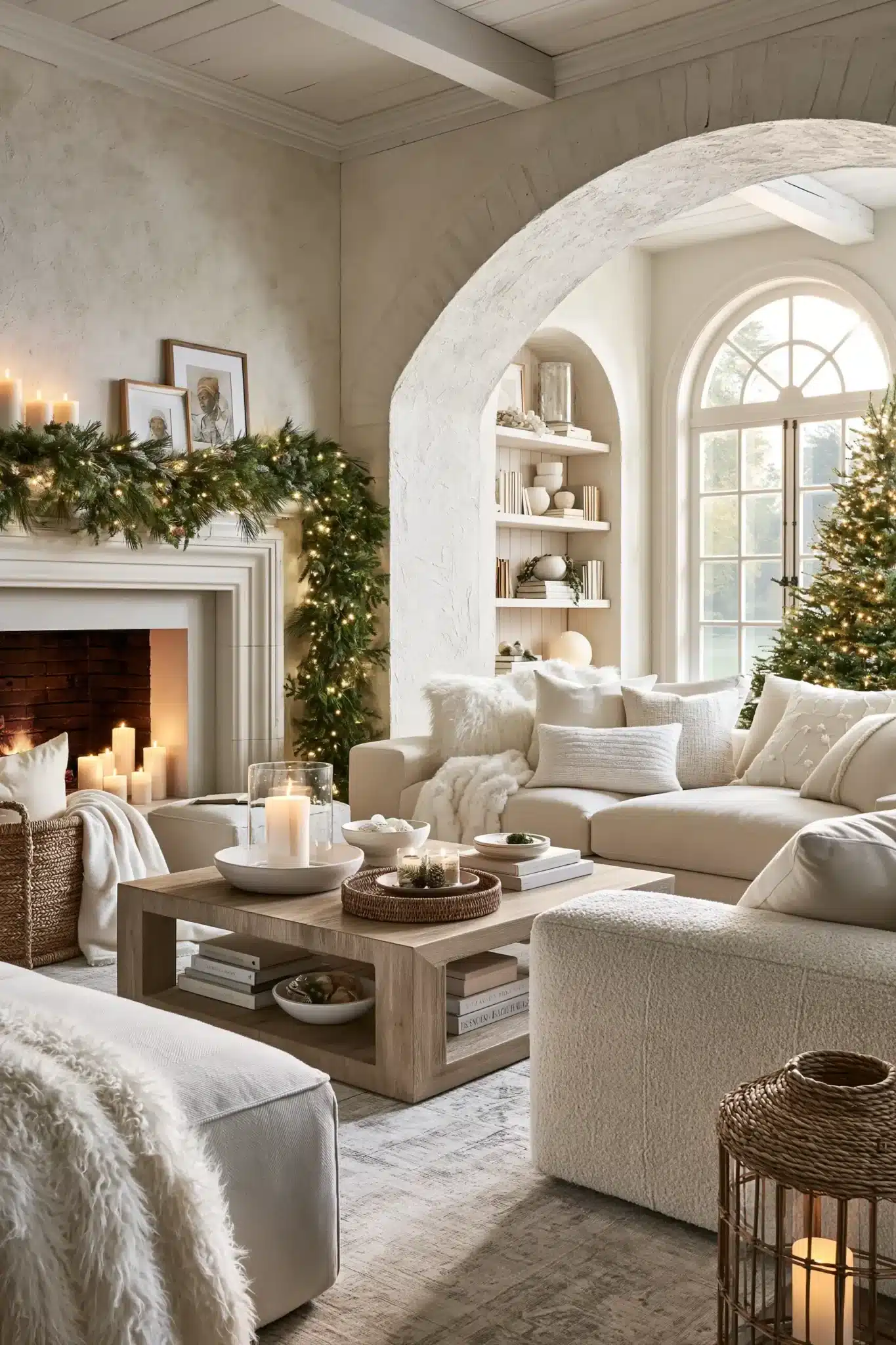 Serene holiday living room with white Christmas decor, warm lighting, and cozy textiles