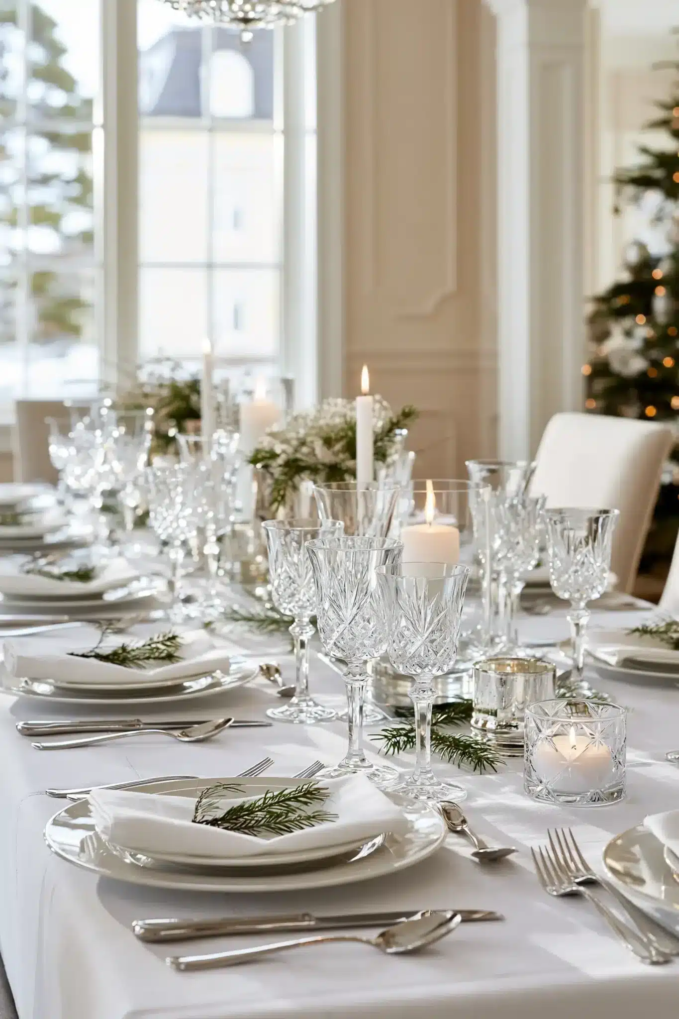 An elegant Christmas table with crisp linens, metallic accents, and refined glassware