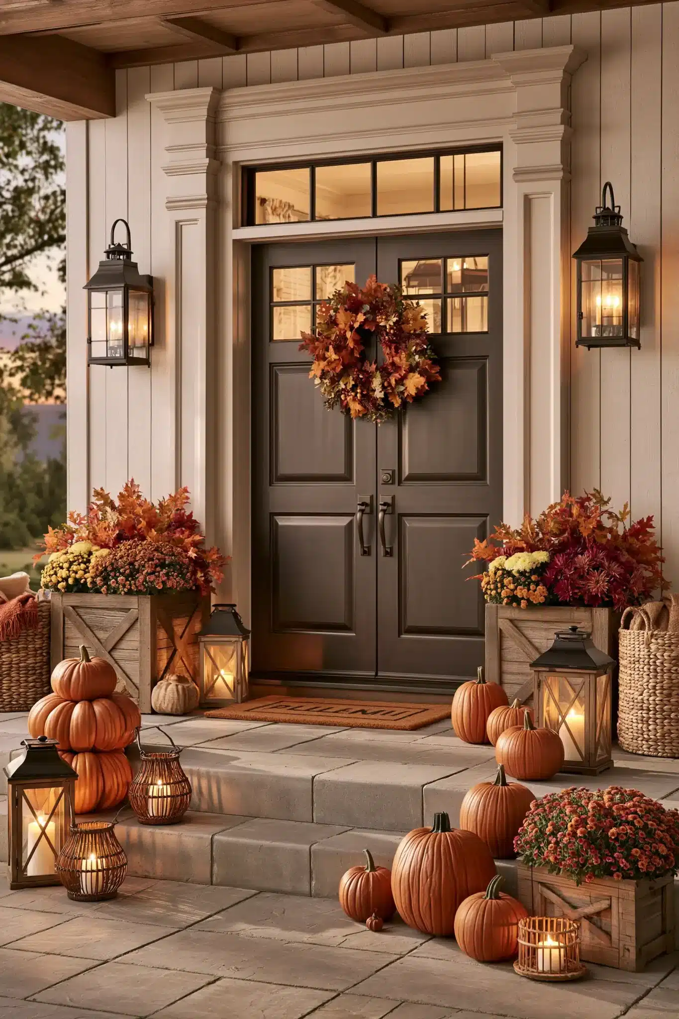 A festive Thanksgiving porch with pumpkins, lanterns, wreaths, and colorful mums.
