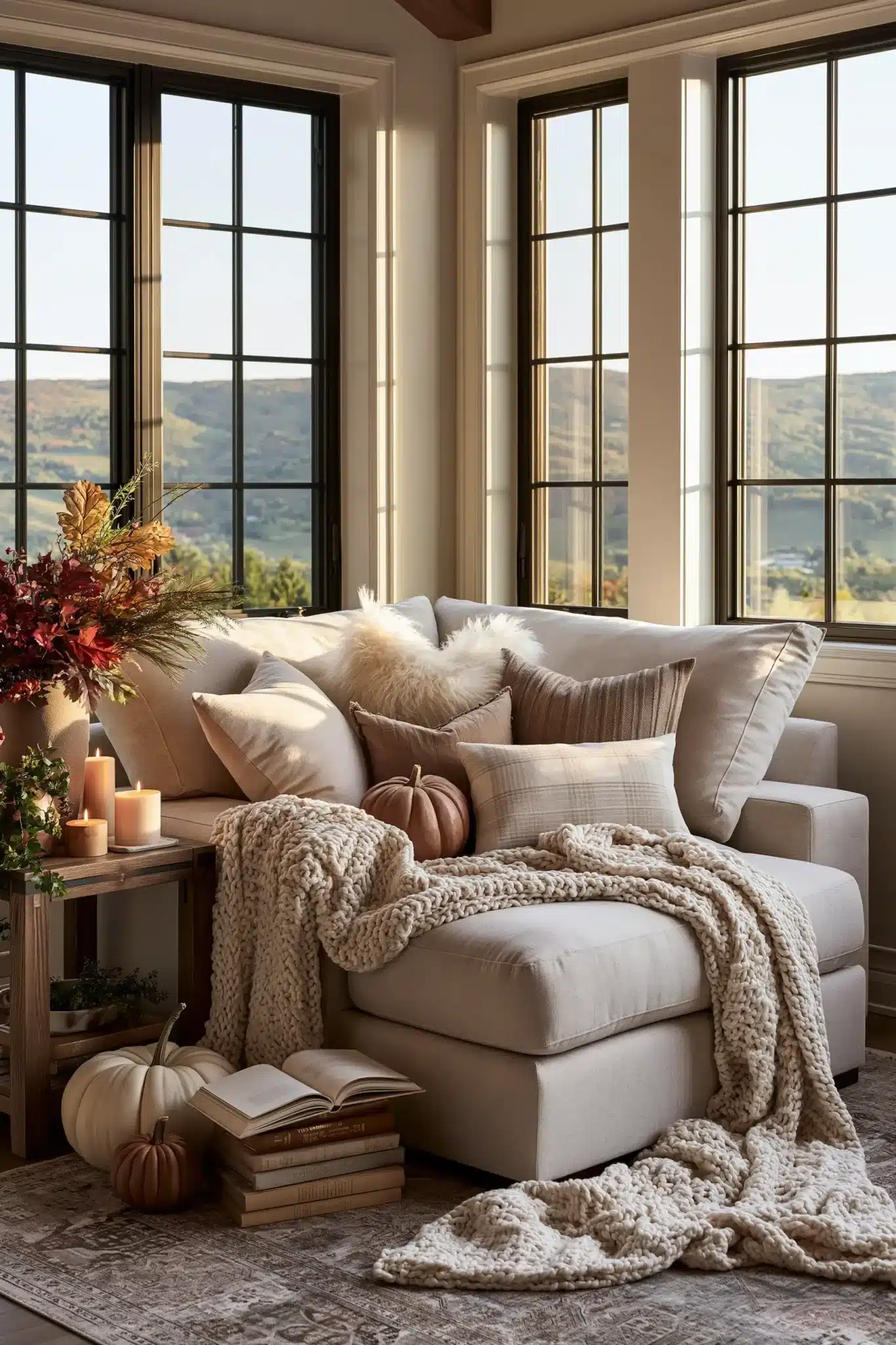 A cozy Thanksgiving nook with pillows, a blanket, soft lighting, and seasonal accents.