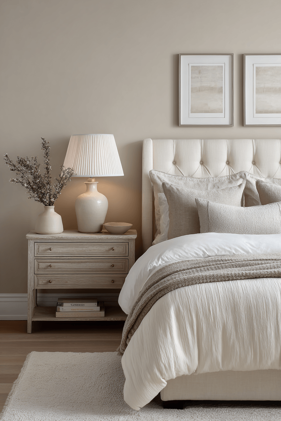 Warm beige bedroom with taupe bedding, soft lighting, and understated decor