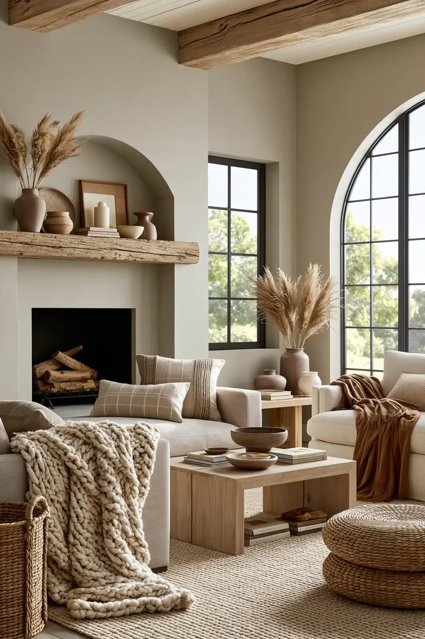 Earthy fall textures layered with linen, knits, baskets, wood, and ceramic decor.