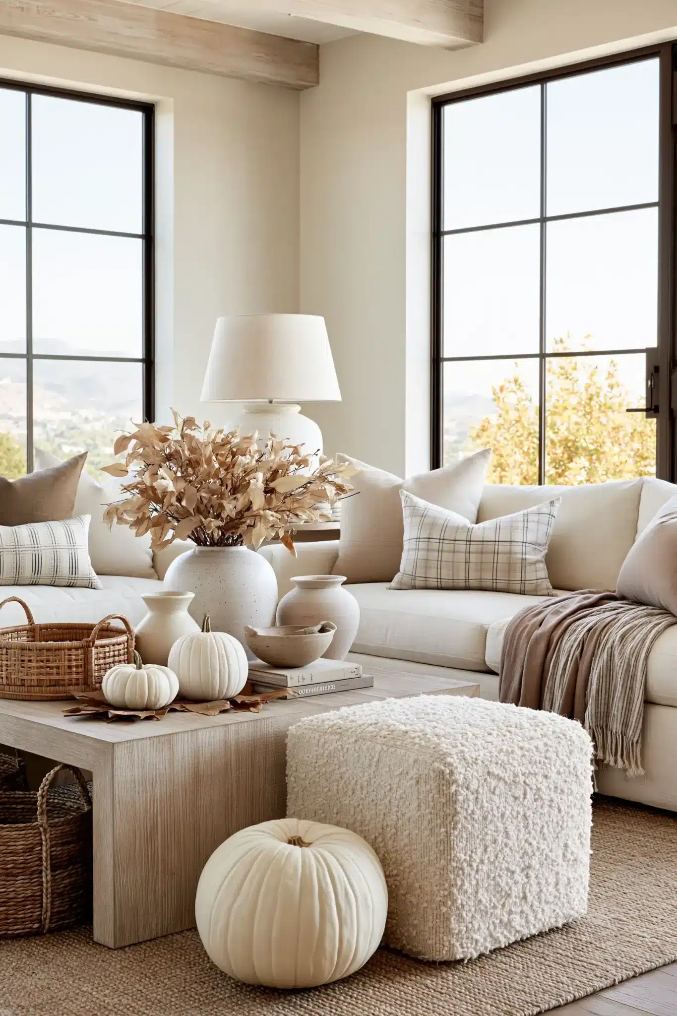 Neutral Thanksgiving decor with cream, taupe, beige, wood, linen, and white pumpkins.