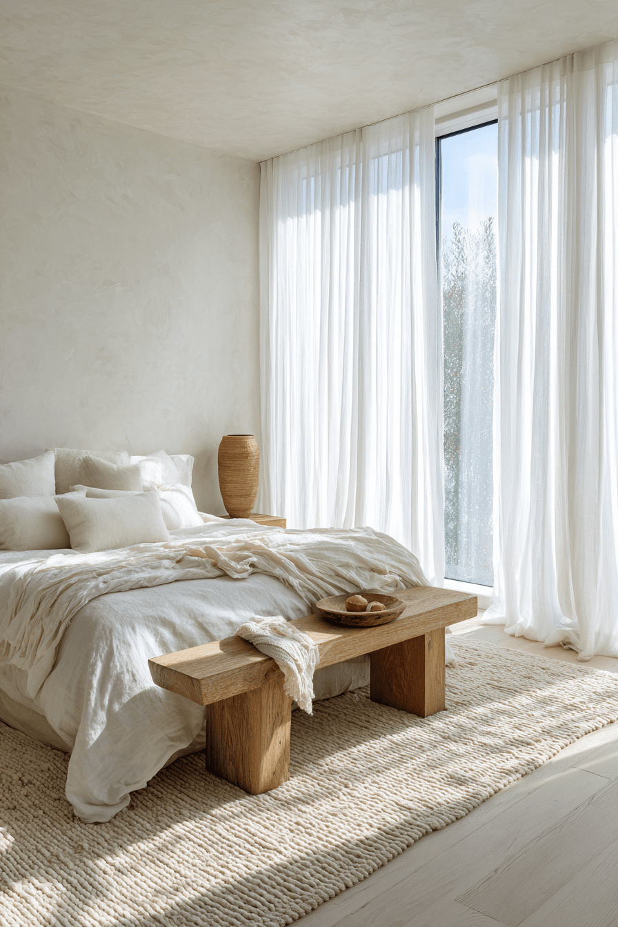 Sunlit warm minimalist bedroom with sheer curtains and a simple uncluttered layout