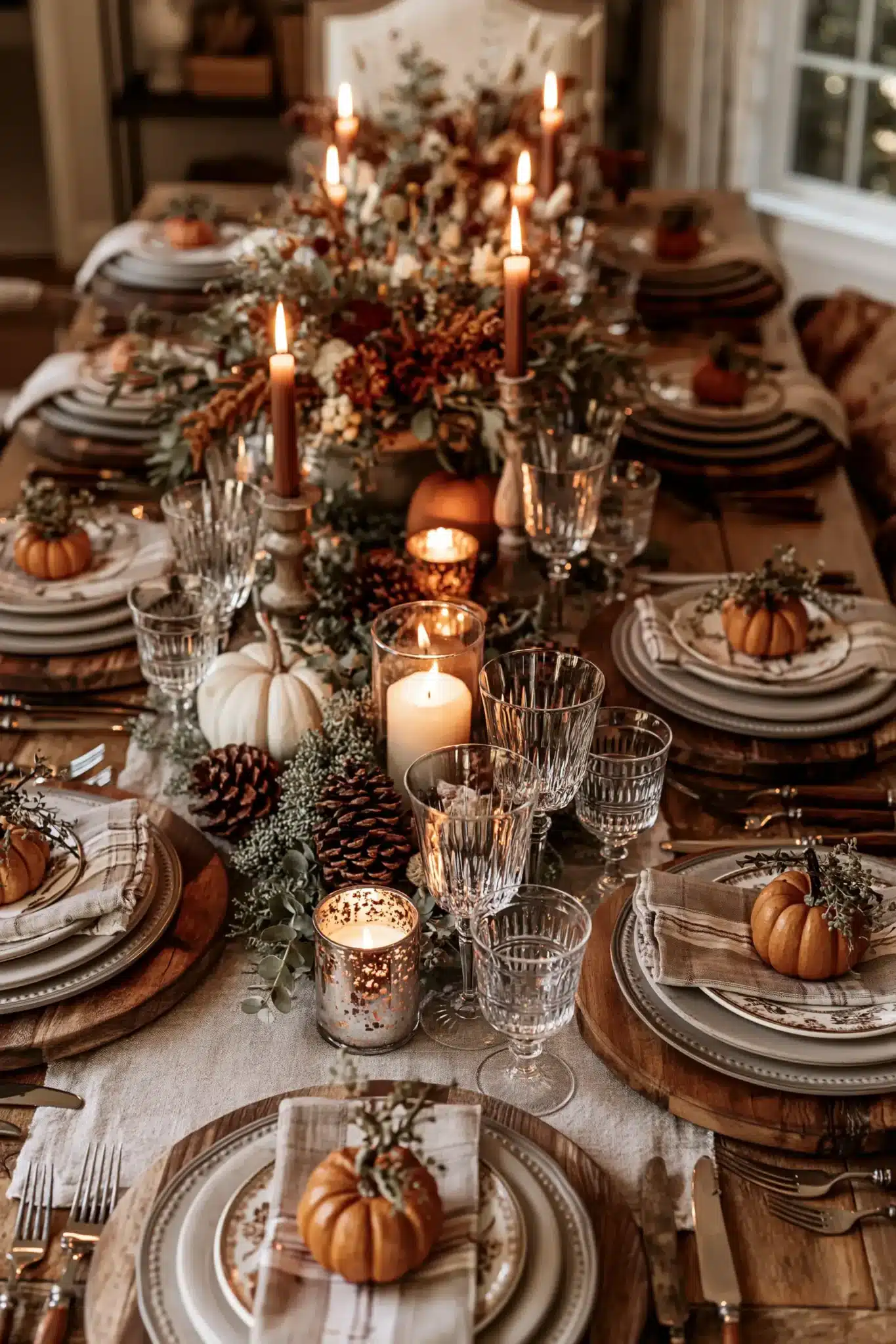 A rustic Thanksgiving tablescape with wood chargers, linen napkins, greenery, and pumpkins.