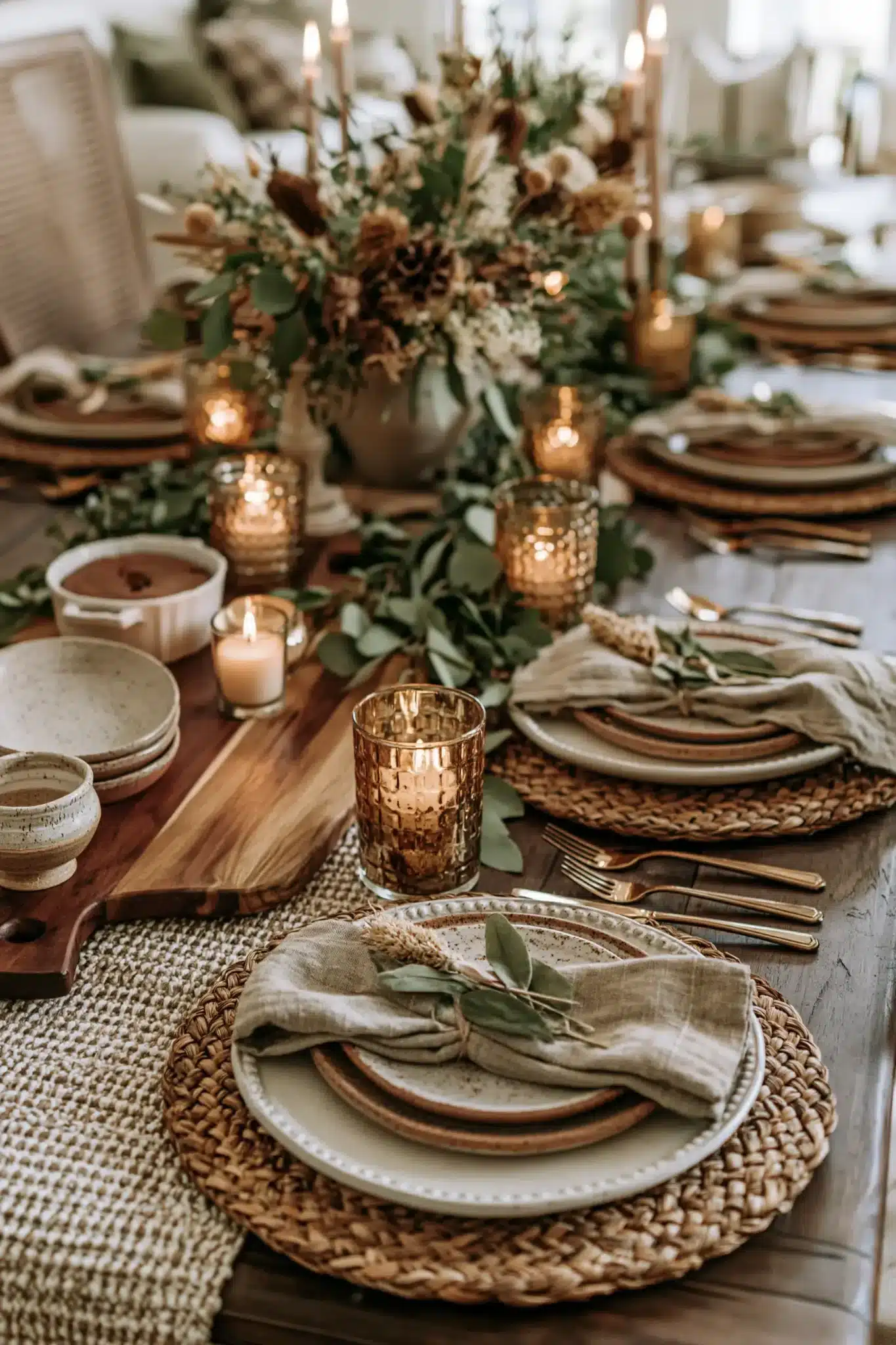 A nature inspired tablescape with wood, ceramic, woven chargers, and greenery.