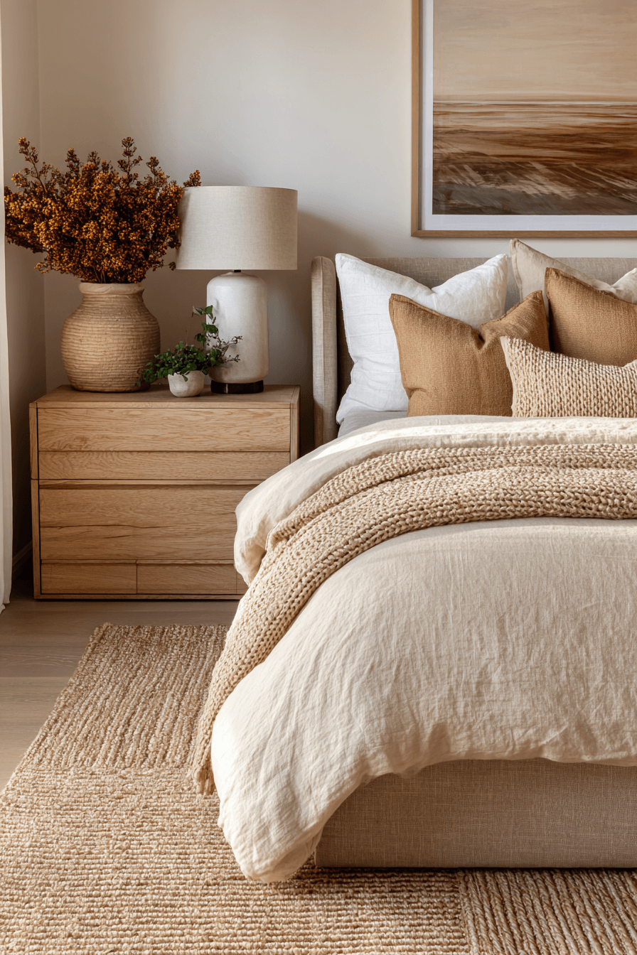 tactile beige bedroom with grounded layered textures